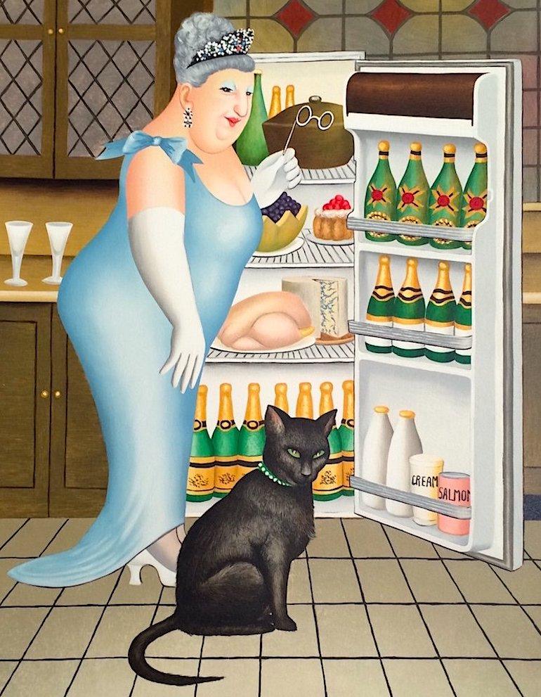 Beryl Cook Portrait Print - PERCY AT THE FRIDGE Signed Lithograph, Black Cat, Champagne, British Humor