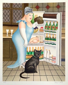 PERCY AT THE FRIDGE Litografia firmata, Gatto nero, Champagne, umorismo britannico
