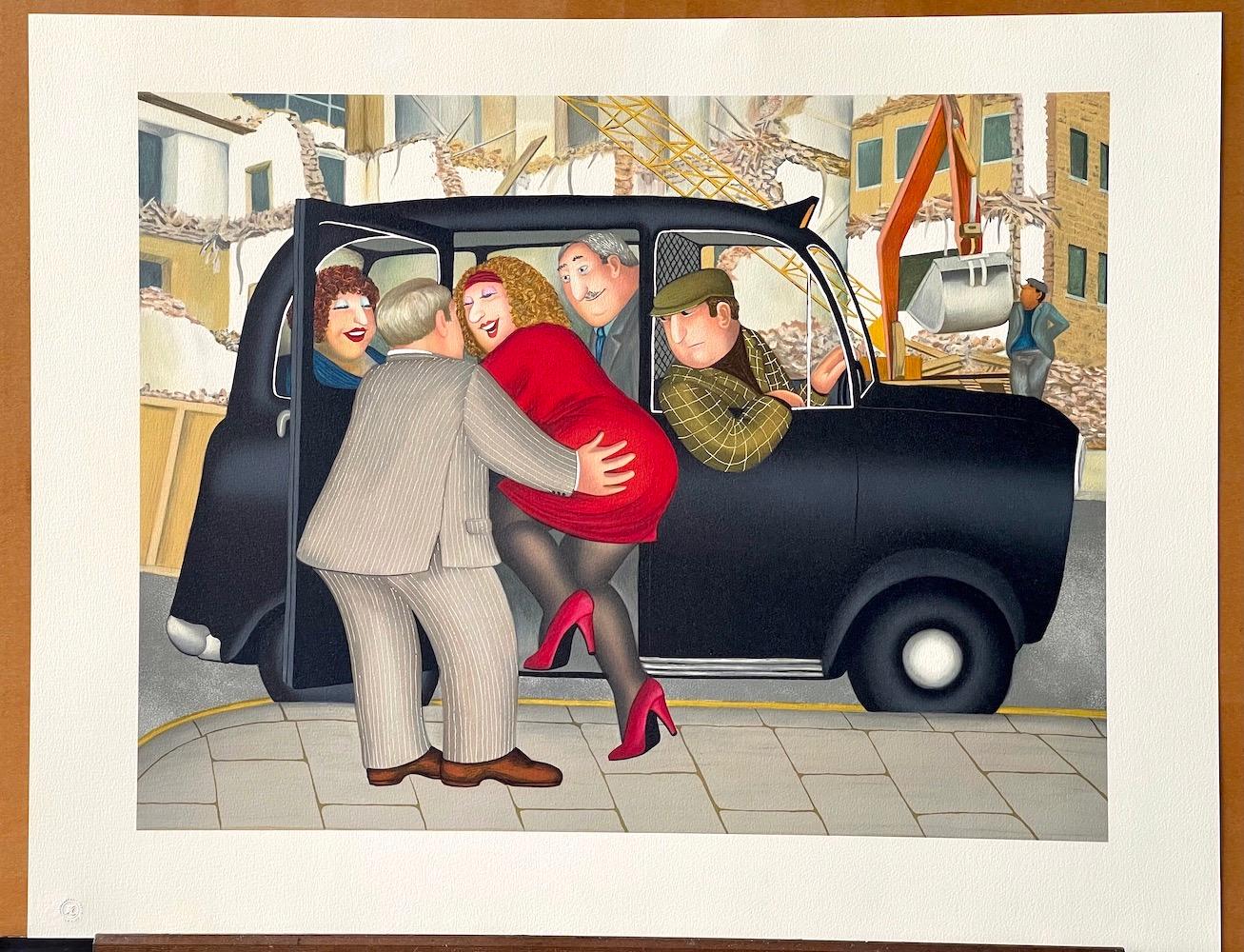 TAXI Litografia disegnata a mano, signora in rosso, taxi nero di Londra, umorismo britannico in vendita 5
