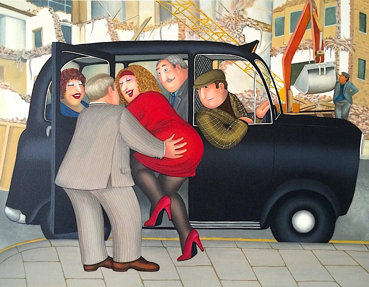 TAXI Litografia disegnata a mano, signora in rosso, taxi nero di Londra, umorismo britannico - Print di Beryl Cook