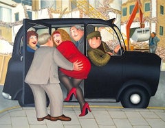 TAXI Hand Drawn Lithograph, Lady in Red, London Black Cab, British Humor