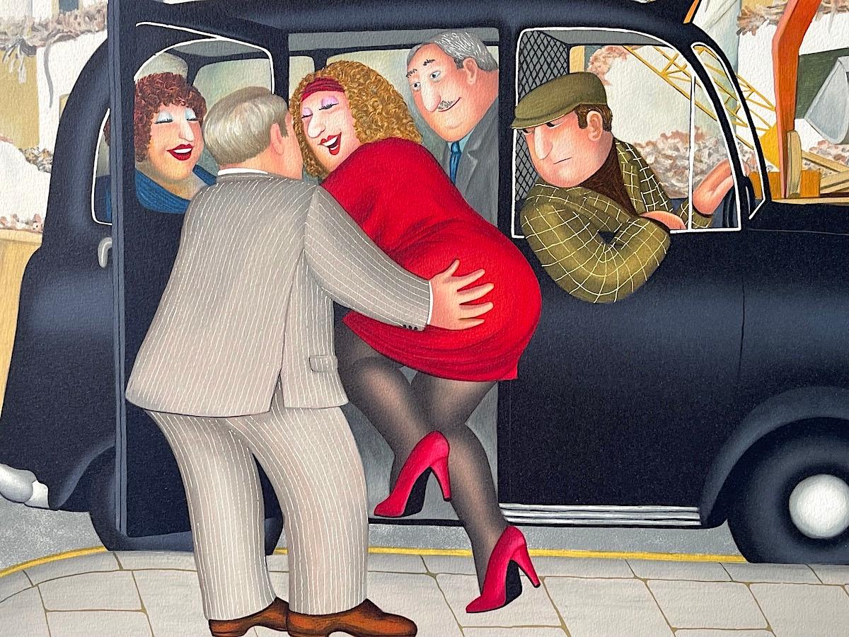 TAXI Litografia disegnata a mano, signora in rosso, taxi nero di Londra, umorismo britannico - Print Contemporaneo di Beryl Cook