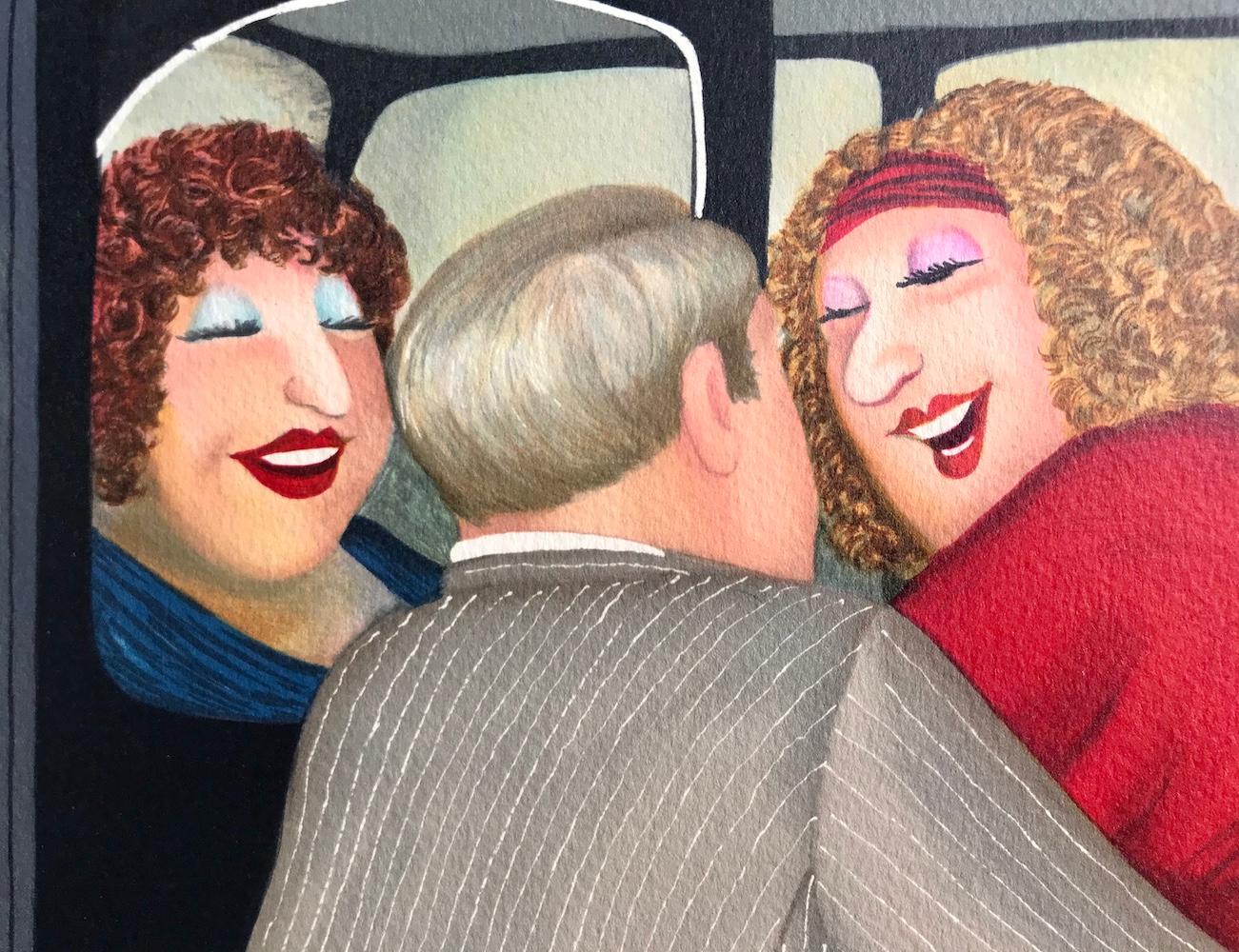 TAXI Litografia disegnata a mano, signora in rosso, taxi nero di Londra, umorismo britannico - Landscape Print Beige di Beryl Cook