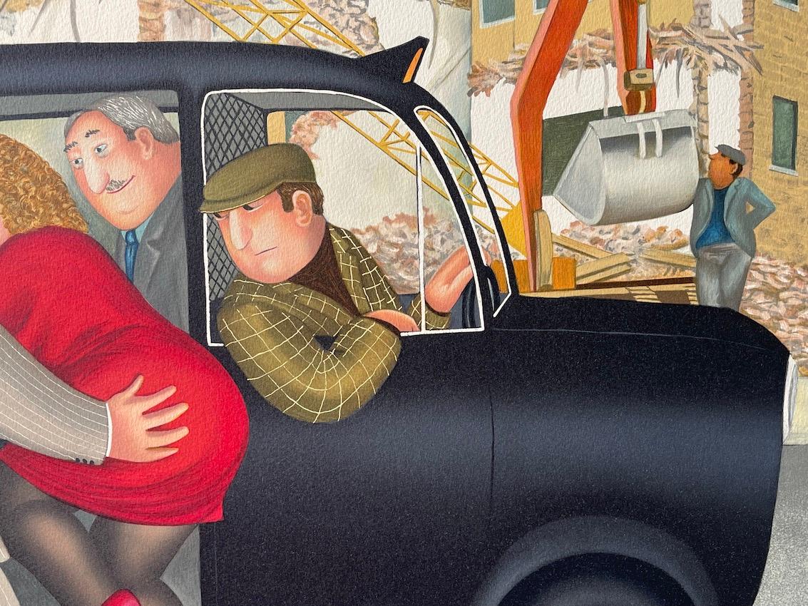 TAXI è una litografia disegnata a mano in edizione limitata dalla nota e amata artista e umorista britannica Beryl Cook (1926-2008). Stampato con tecniche di litografia a mano su carta Arches d'archivio, 100% priva di acidi. TAXI presenta una scena