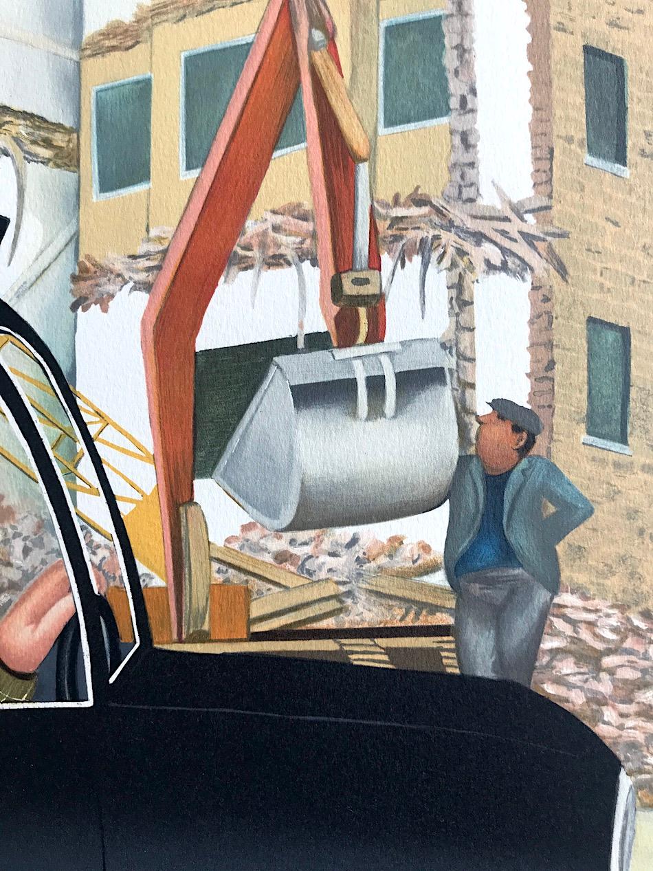 TAXI Litografia disegnata a mano, signora in rosso, taxi nero di Londra, umorismo britannico in vendita 1