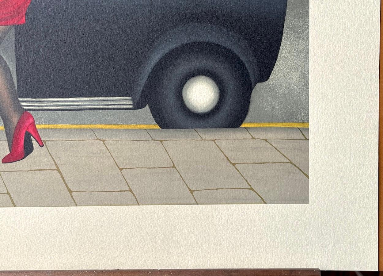 TAXI Litografia disegnata a mano, signora in rosso, taxi nero di Londra, umorismo britannico in vendita 3