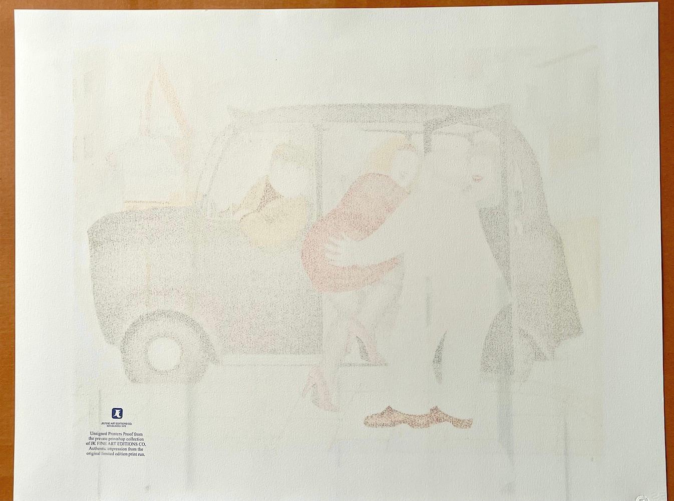 TAXI Litografia disegnata a mano, signora in rosso, taxi nero di Londra, umorismo britannico in vendita 4