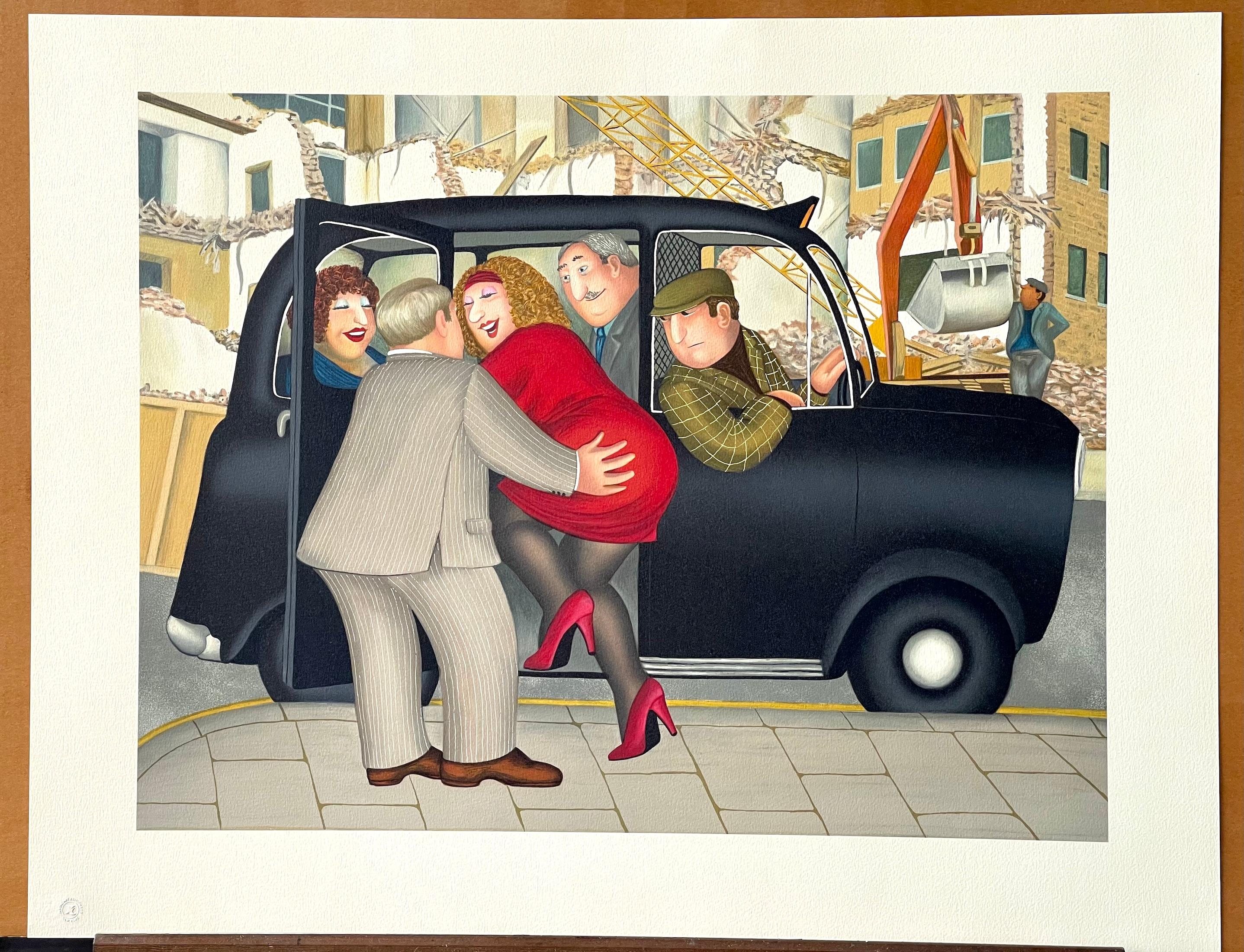 TAXI Handgezeichnete Lithographie, Lady in Red, Londoner schwarzer Cab, britischer Humor im Angebot 4