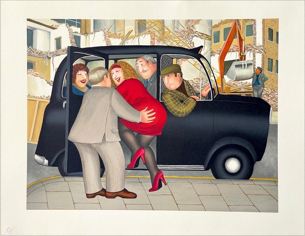 Beryl Cook Figurative Print - TAXI Hand Drawn Lithograph, Lady in Red, London Black Cab, British Humor