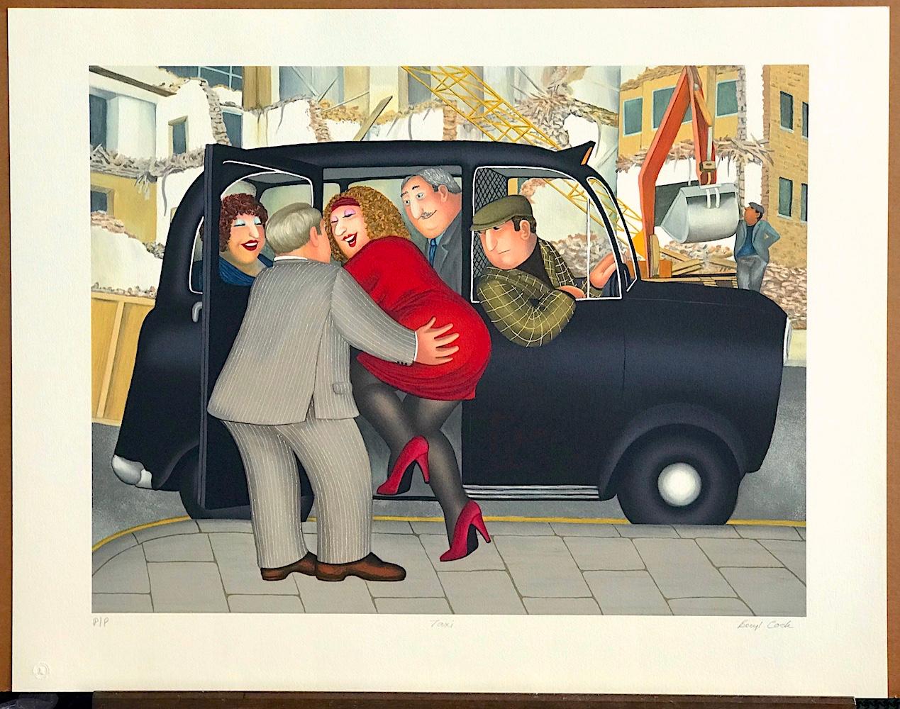 TAXI Signed Lithograph, Lady in Red, London Black Cab, British Humor - Brown Landscape Print by Beryl Cook