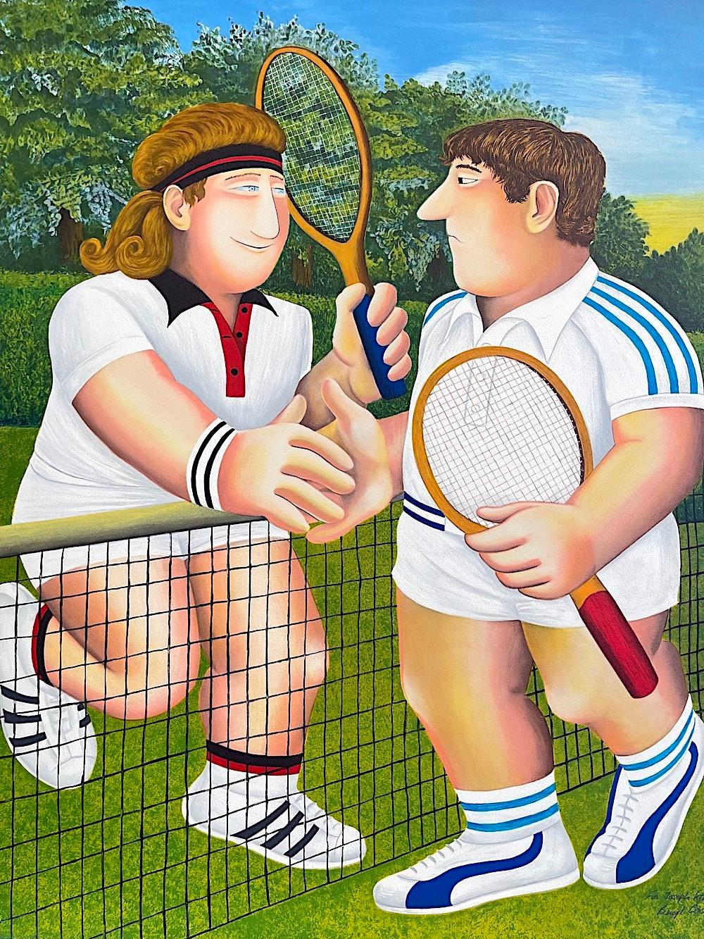 Beryl Cook Portrait Print - TENNIS Signed Lithograph, Tennis Match Borg vs. Connors Rivalry, British Humor