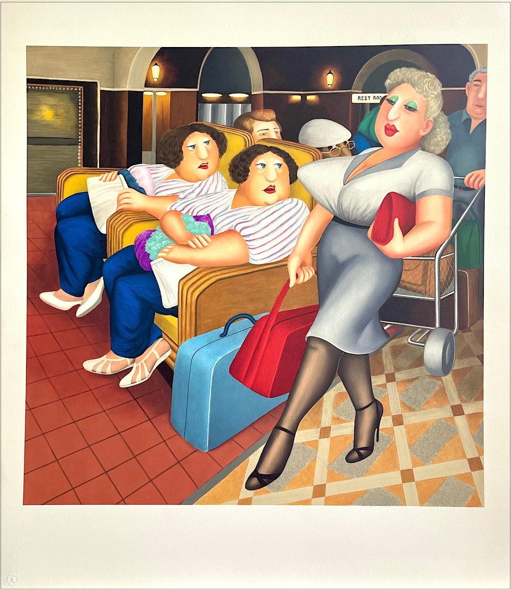 Beryl Cook Figurative Print - TWINS Color Lithograph, Passenger Waiting Area, Double Entendre, British Humor