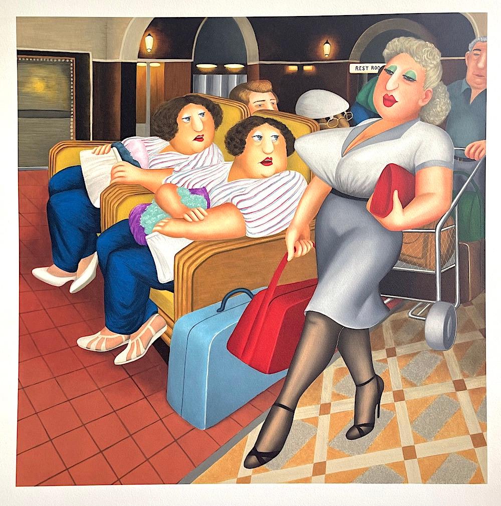 TWINS Color Lithograph, Passenger Waiting Area, Double Entendre, British Humor - Print by Beryl Cook