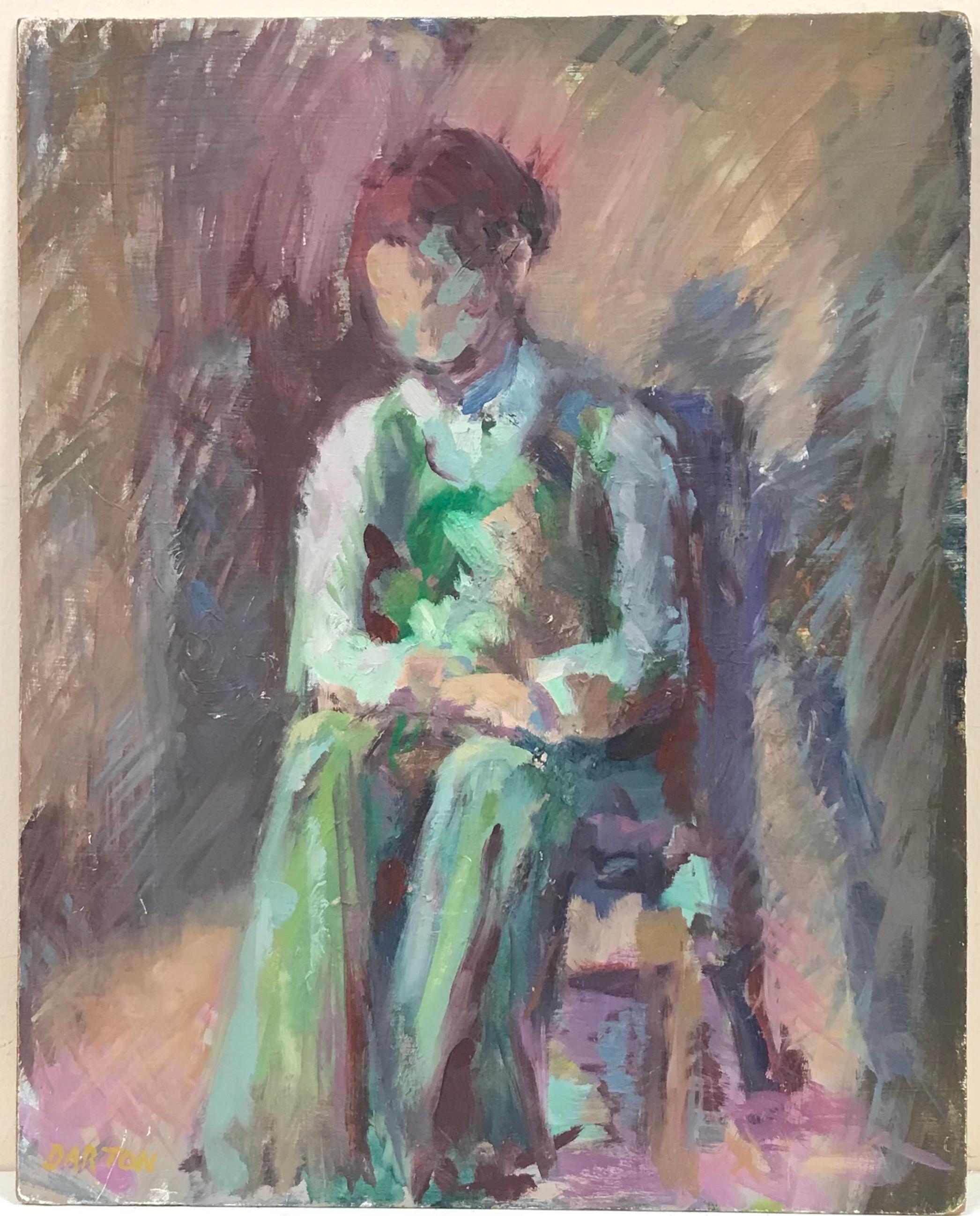 1960's Pintura al Óleo Impresionista Original Británica Figura Sobre Silla en Verde - Painting de Beryl Darton