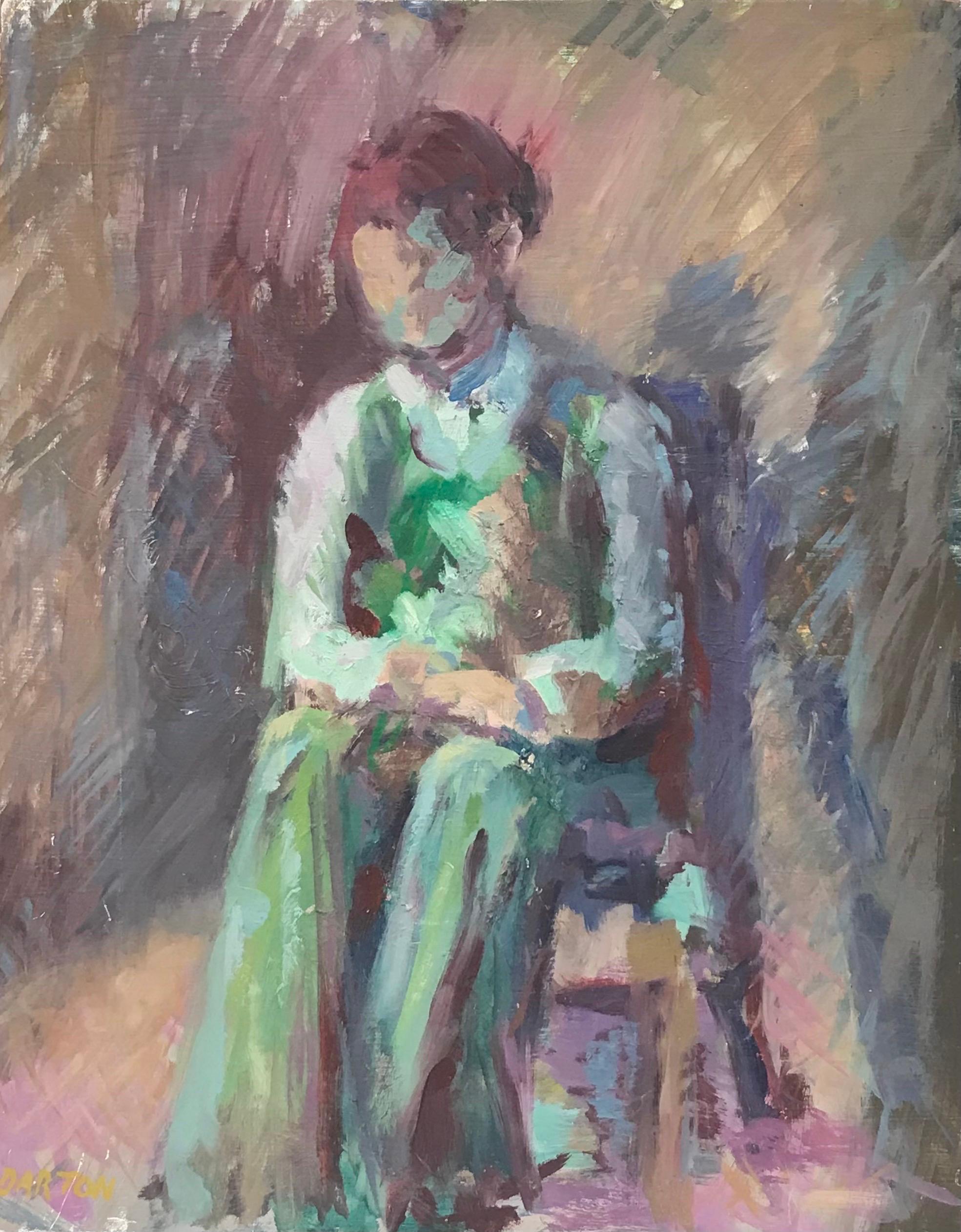 Portrait Painting de Beryl Darton - 1960's Pintura al Óleo Impresionista Original Británica Figura Sobre Silla en Verde
