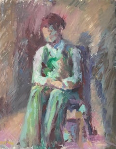 1960's British Original Impressionist Oil Painting Figure On Chair in Green