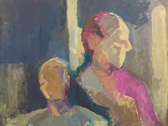 Large 1960's British Original Oil Painting - Abstract Of Two Men