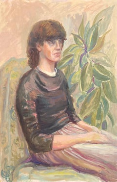 Large 1960's British Original Oil Painting - Lady Sat Among Green Plants