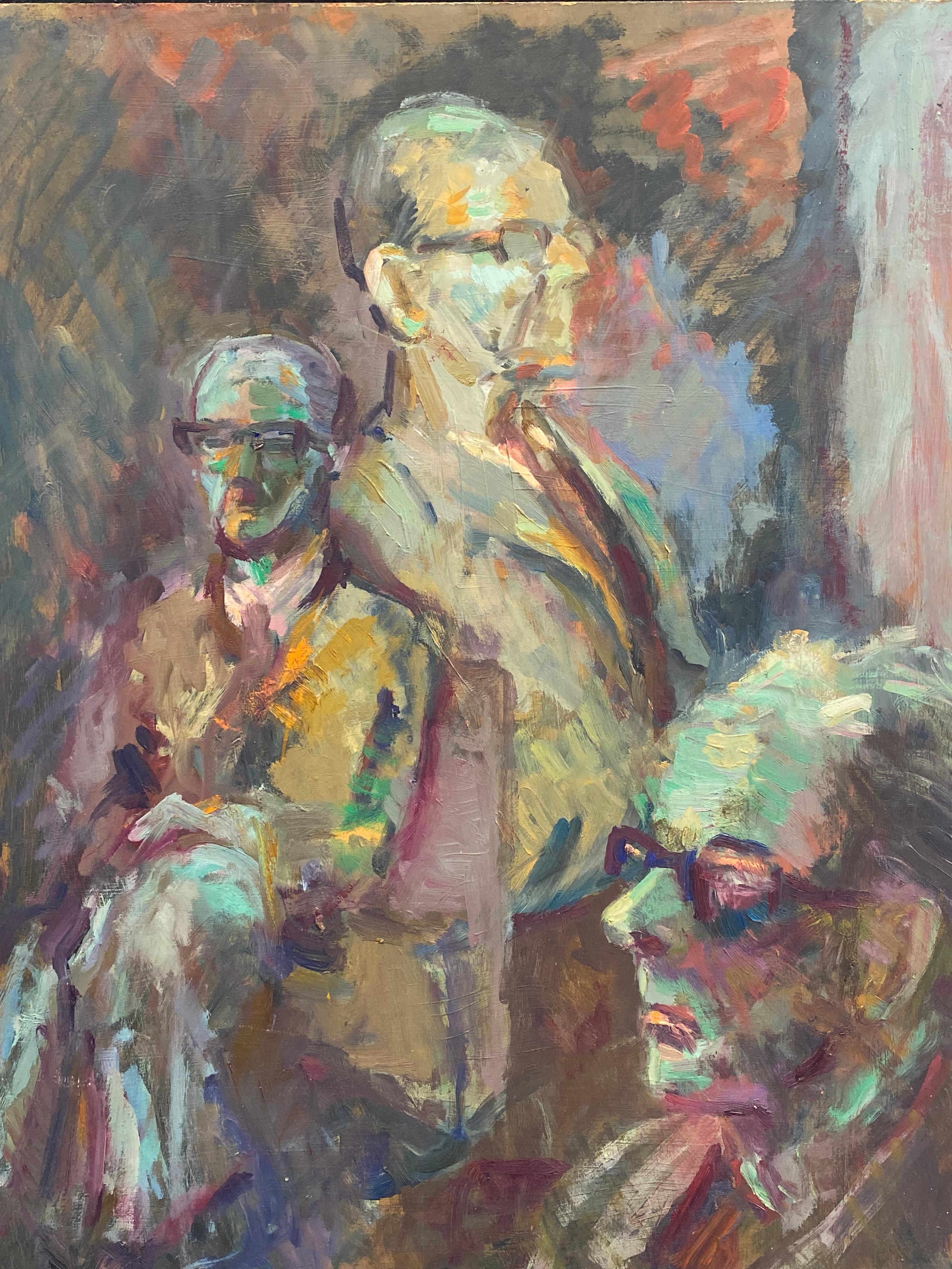 Large 1960's British Original Oil Painting - Three Figures With Glasses