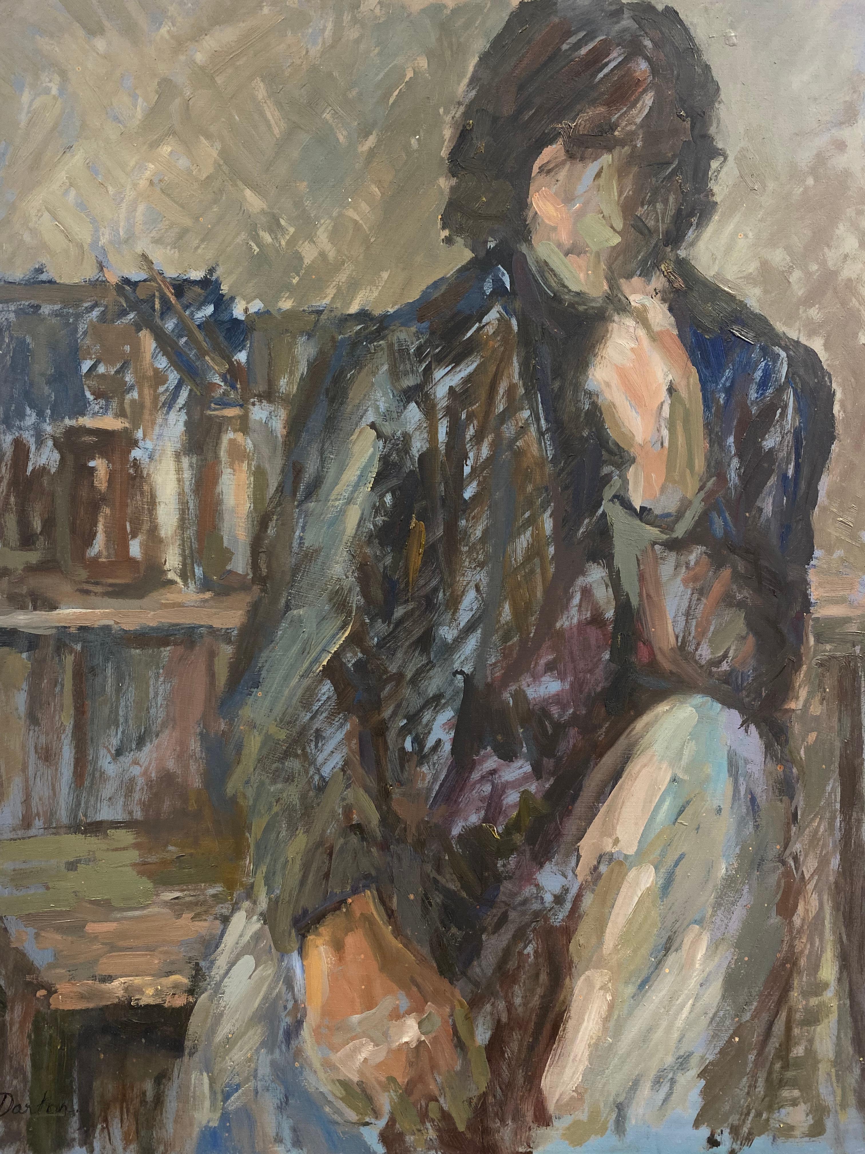 Beryl Darton Figurative Painting - Signed Large 1960's British Original Oil Painting - The Man In The Blue Suit