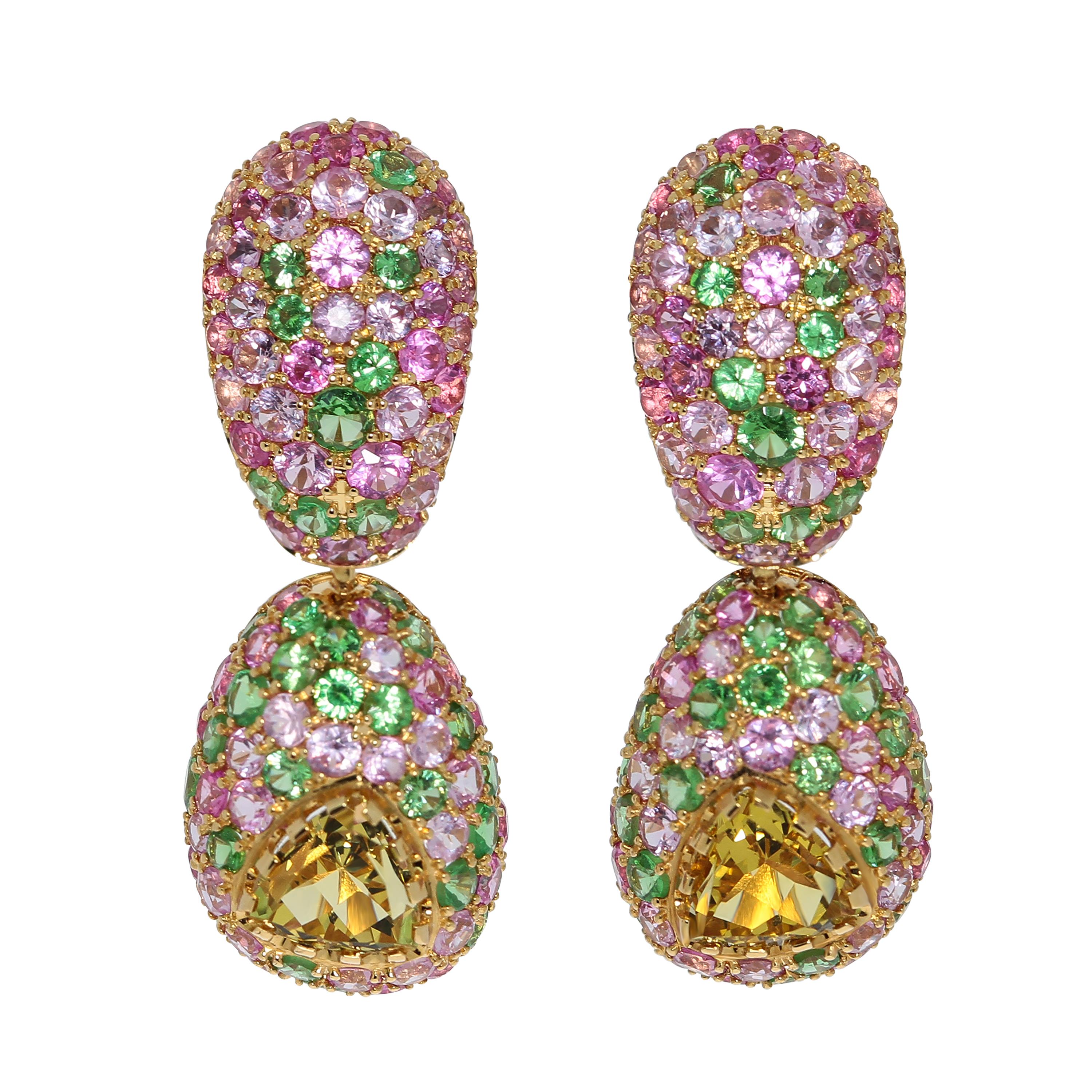 Women's Beryl Pink Sapphires Tsavorites Yellow 18 Karat Gold Riviera Suite For Sale