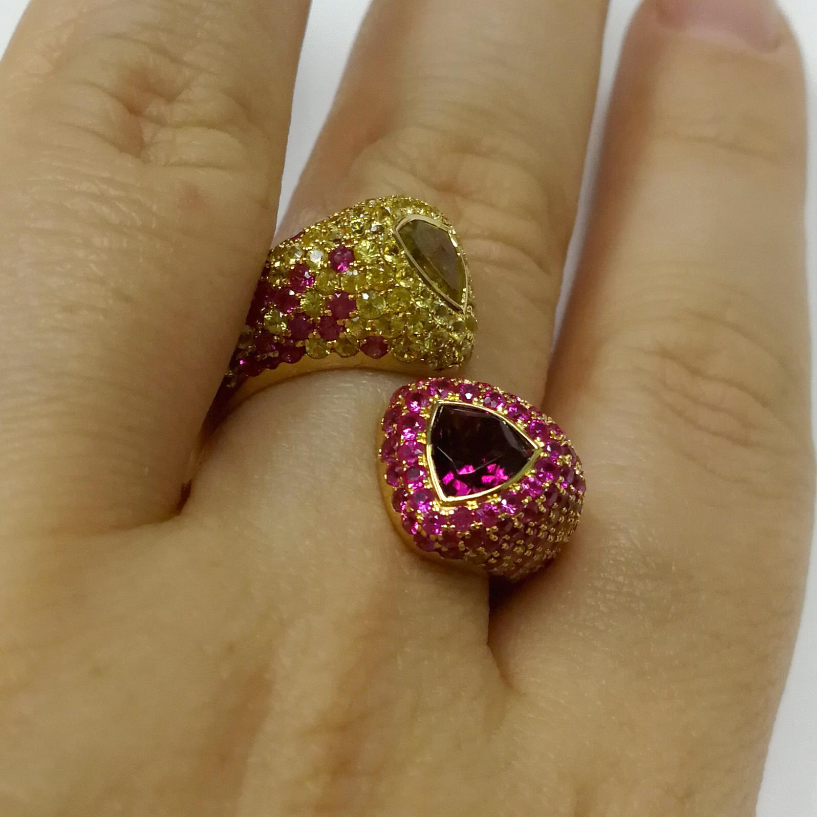 Anillo Riviera Berilo Turmalina Rosa Amarillo Zafiros Rosas Oro 18 Kilates 5