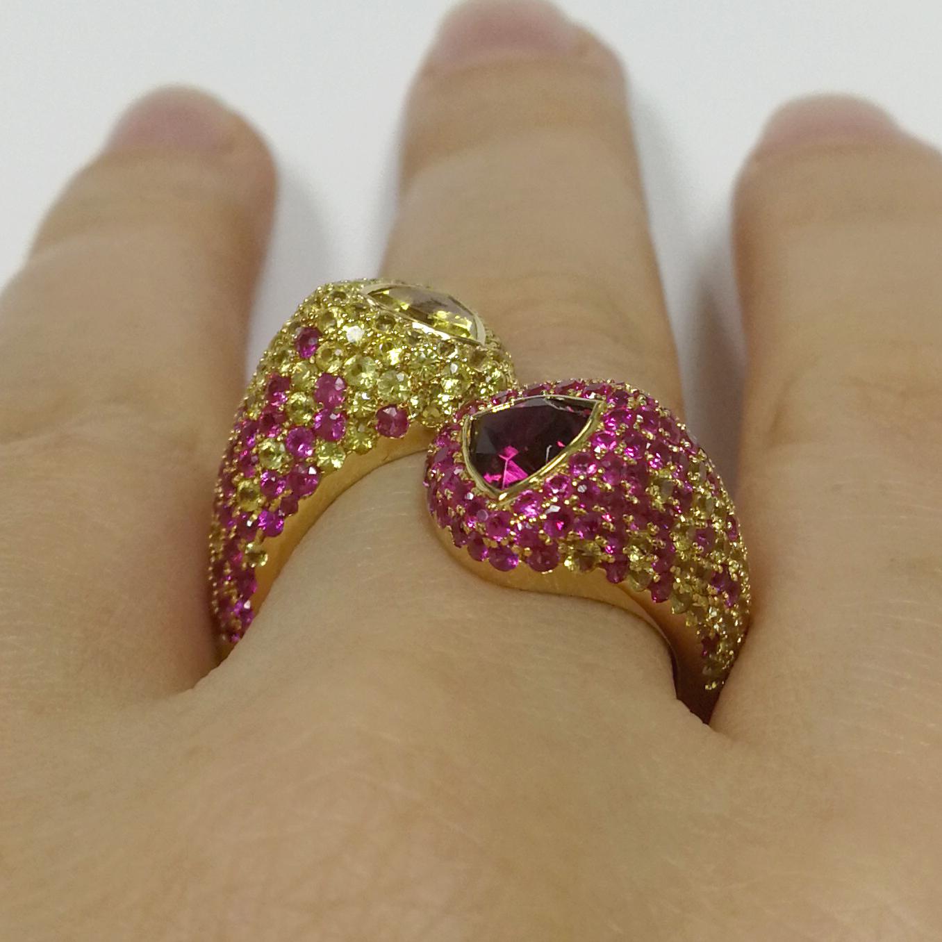 Women's Beryl Pink Tourmaline Yellow Pink Sapphires Yellow 18 Karat Gold Riviera Ring For Sale