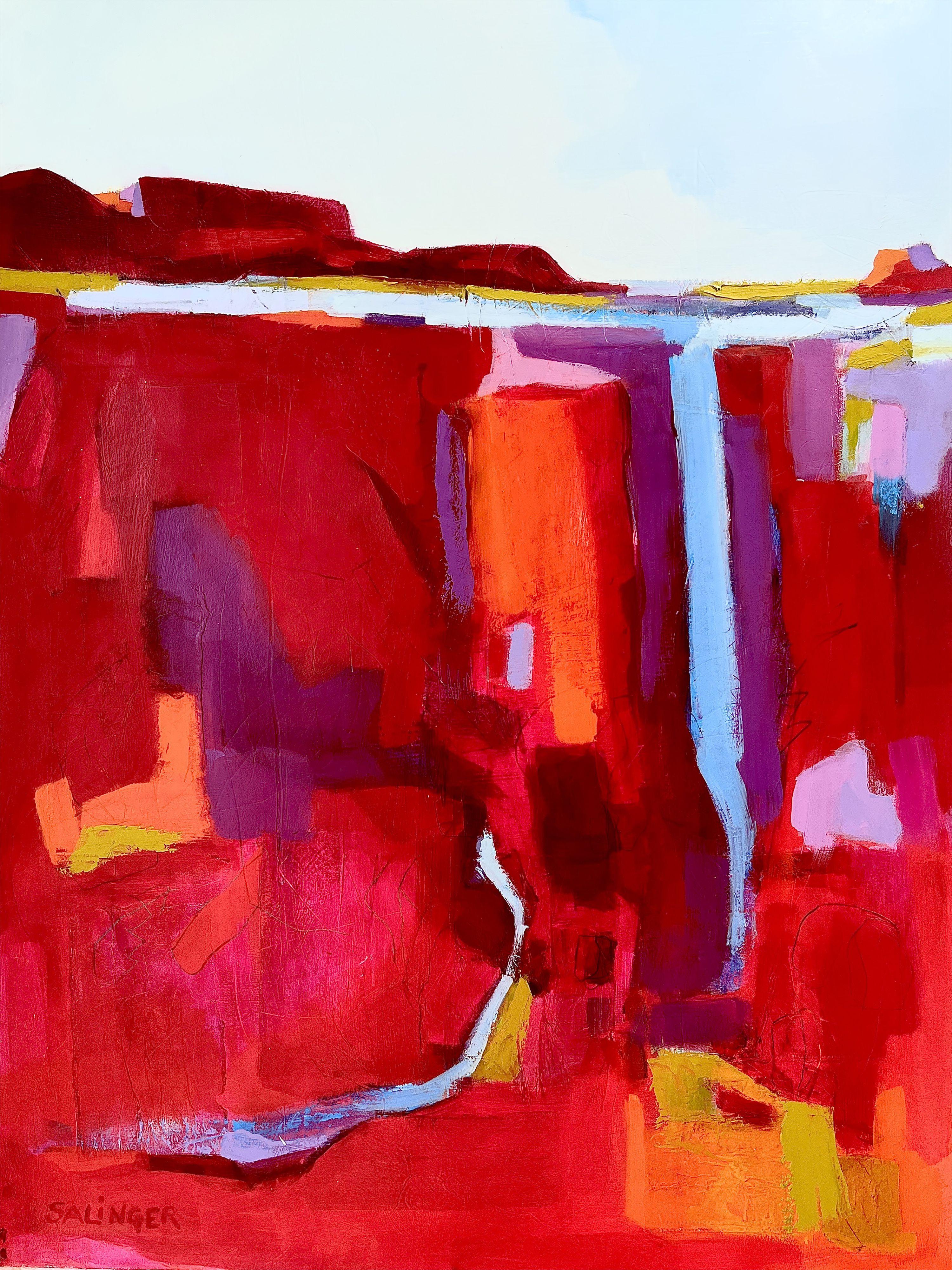 Beryl Salinger Schmitt Landscape Painting - Canyon Falls, Original Signed Colorful Fauvism Landscape Oil on Paper