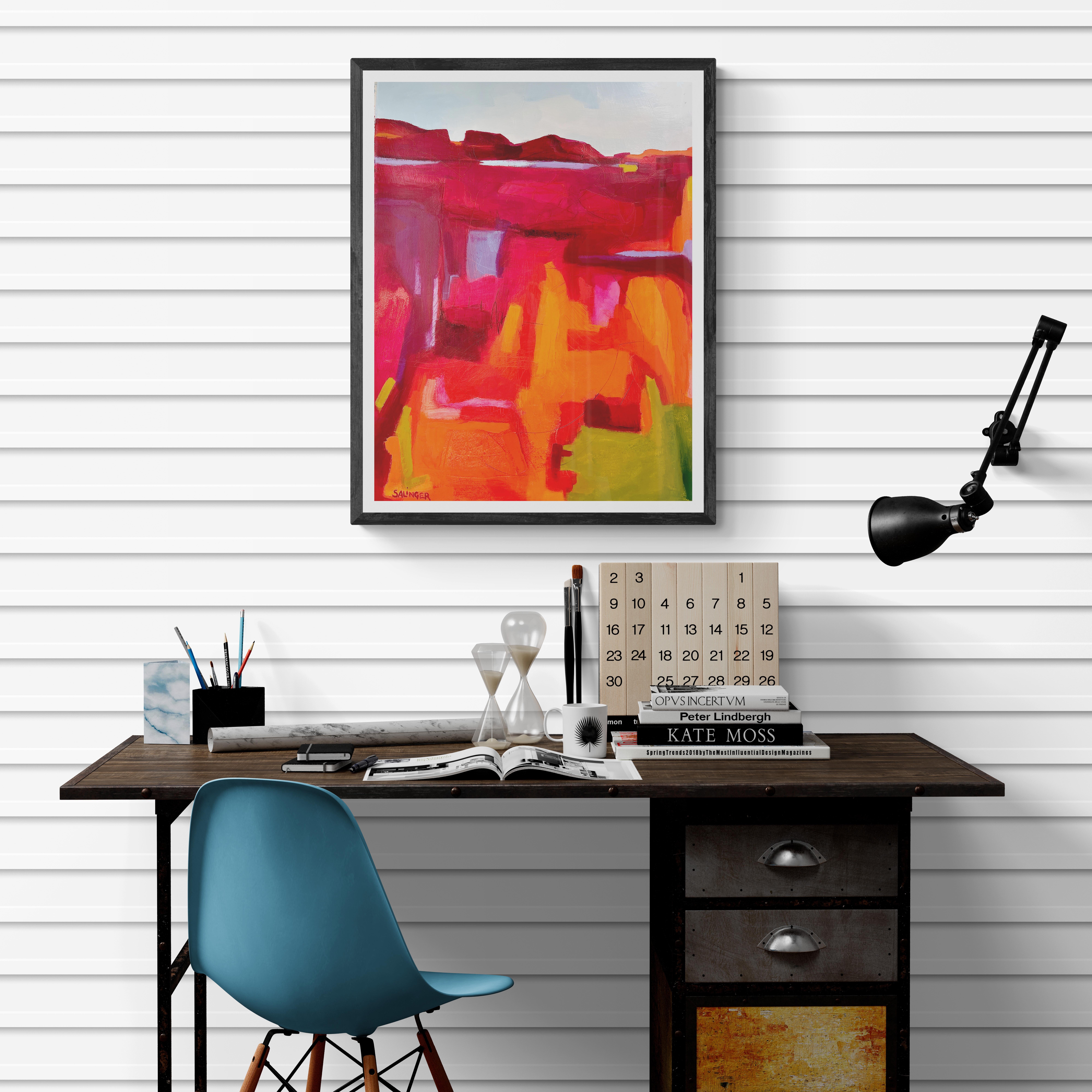 Red Canyon, Original Signed Colorful Fauvism Landscape Oil on Paper
22x30 (WxH), Oil Paint
Hand-signed by the artist.

A cross between an abstract painting of geometric forms and a landscape belonging to the fauvism movement, this brightly colored