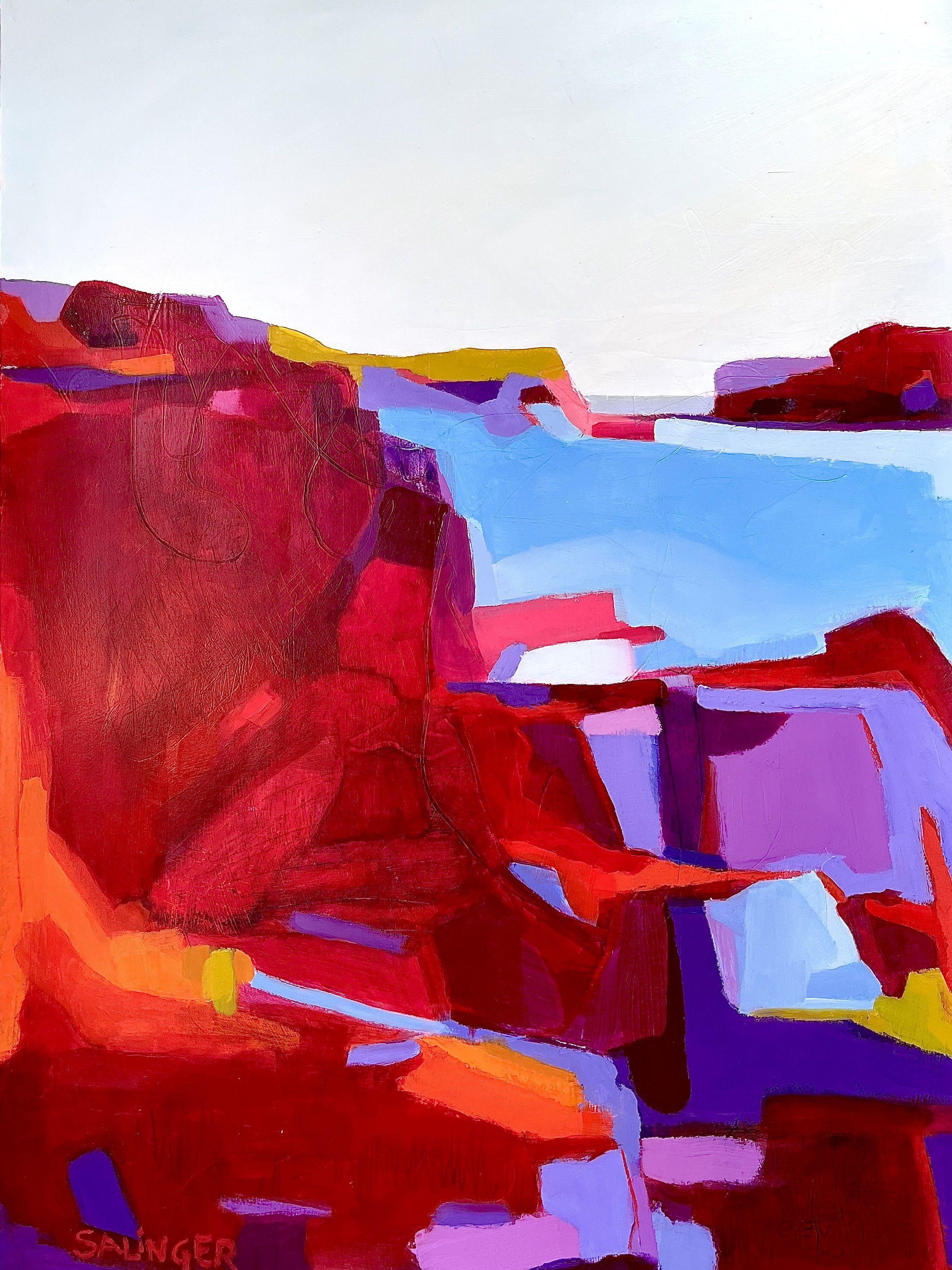 Beryl Salinger Schmitt Landscape Painting - Shoreline Cliff Walk, Original Signed Colorful Fauvism Landscape Oil on Paper