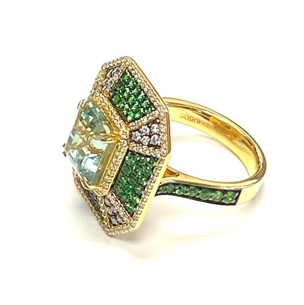 Goshwara Octagon Beryl, Tsavorite and Diamond Pave Ring 7