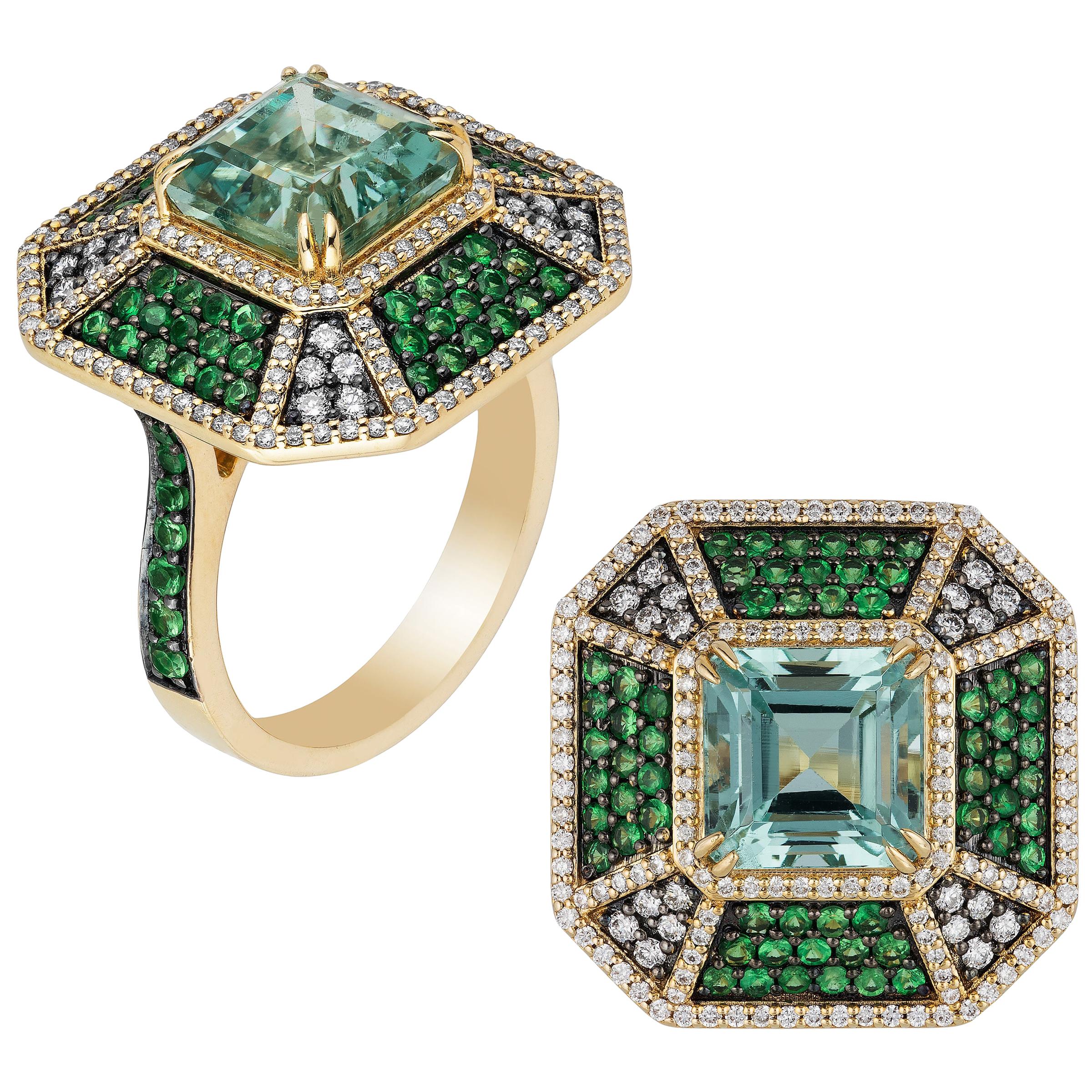 Goshwara Octagon Beryl, Tsavorite and Diamond Pave Ring