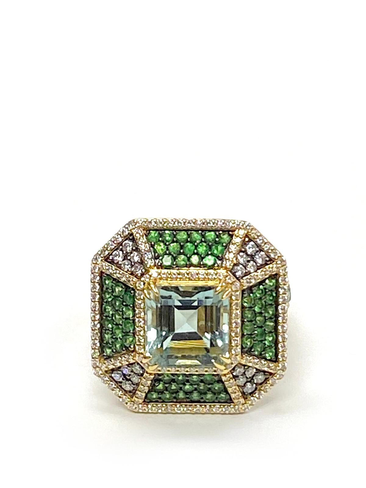 Contemporary Goshwara Octagon Beryl, Tsavorite and Diamond Pave Ring