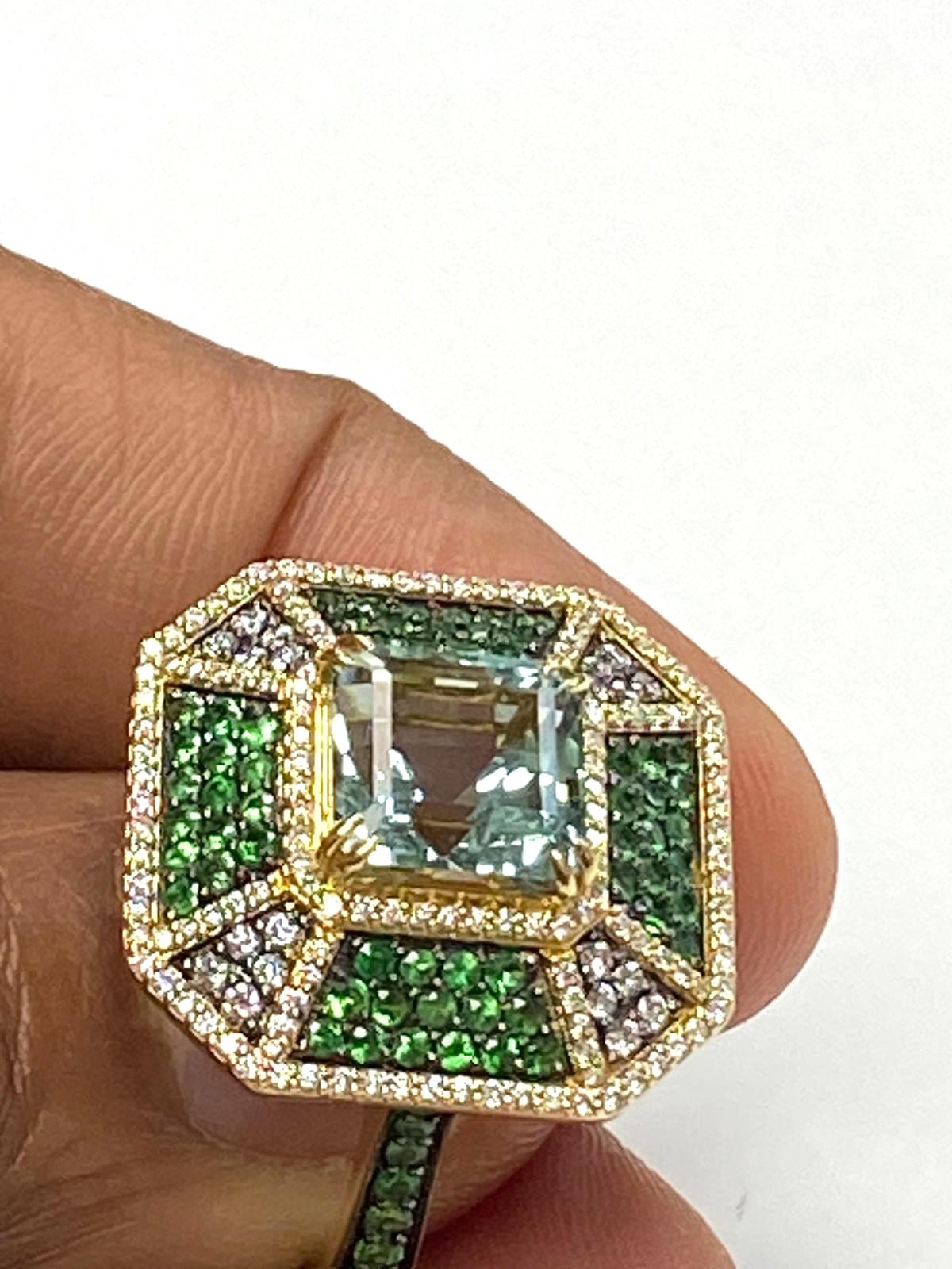 Emerald Cut Goshwara Octagon Beryl, Tsavorite and Diamond Pave Ring