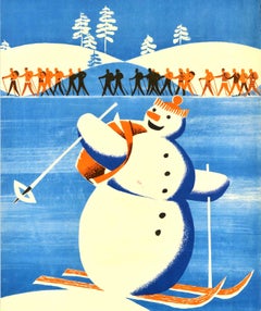 Original Vintage Winter Sport Poster Ski Tourists Snowman Cross-Country Skiers