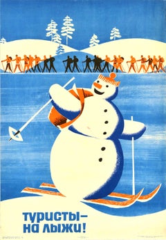 Original Retro Winter Sport Poster Ski Tourists Snowman Cross-Country Skiers