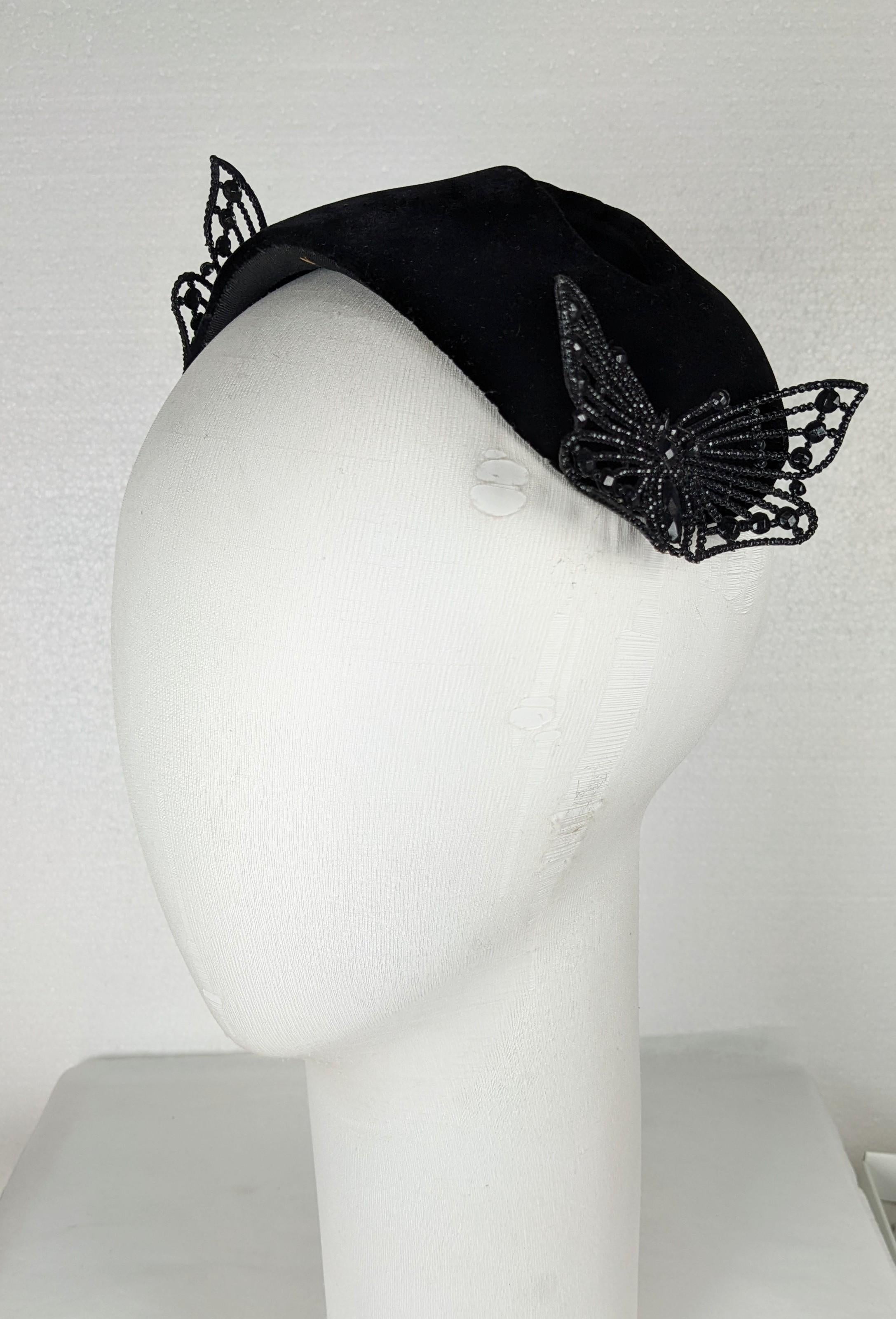 Bes Ben Velvet Mask Hat with Cut Steel Butterflies In Excellent Condition For Sale In New York, NY