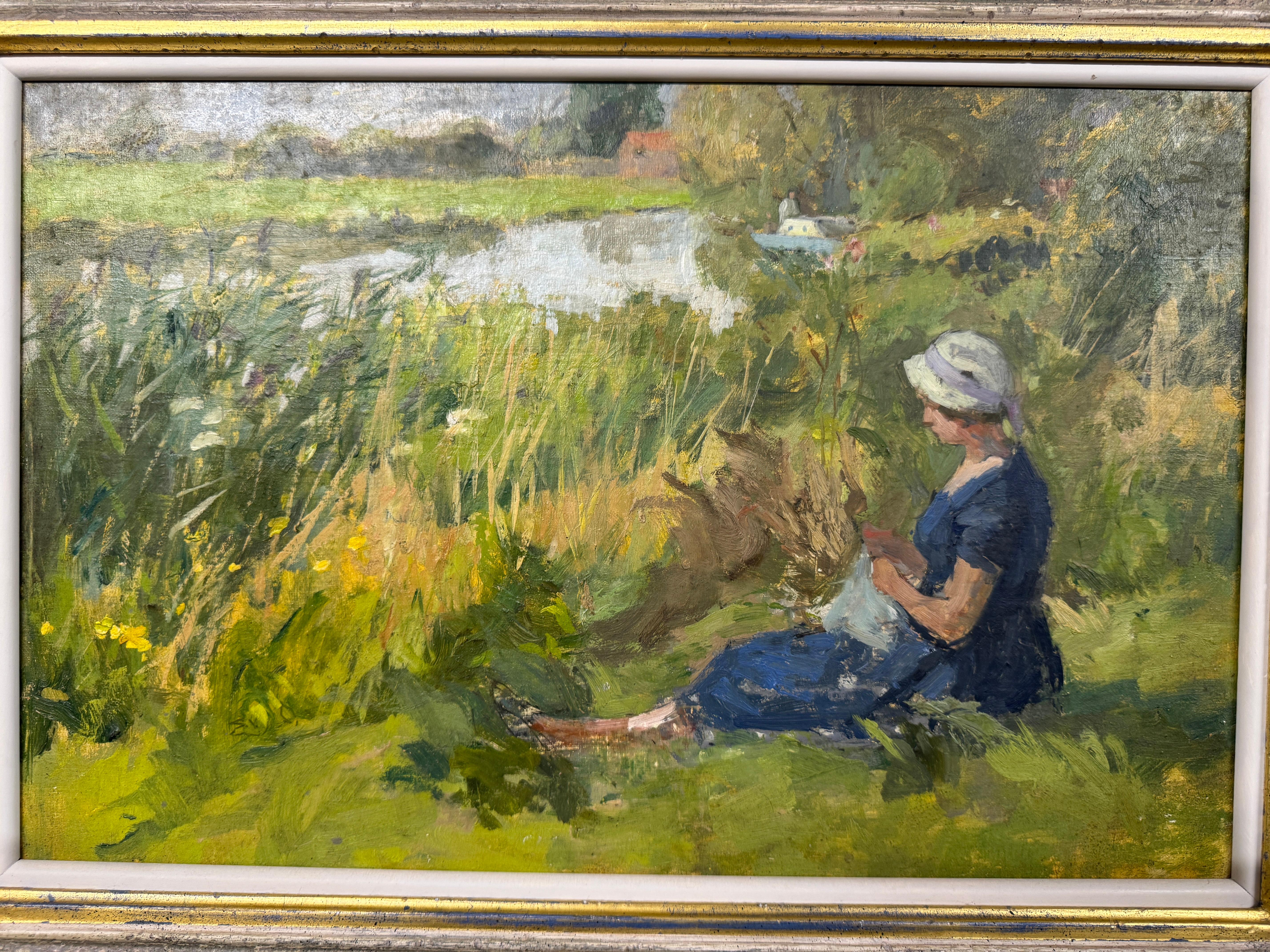 'Beside the River' by Margaret Green (1925 - 2003) , oil on canvased board and framed.