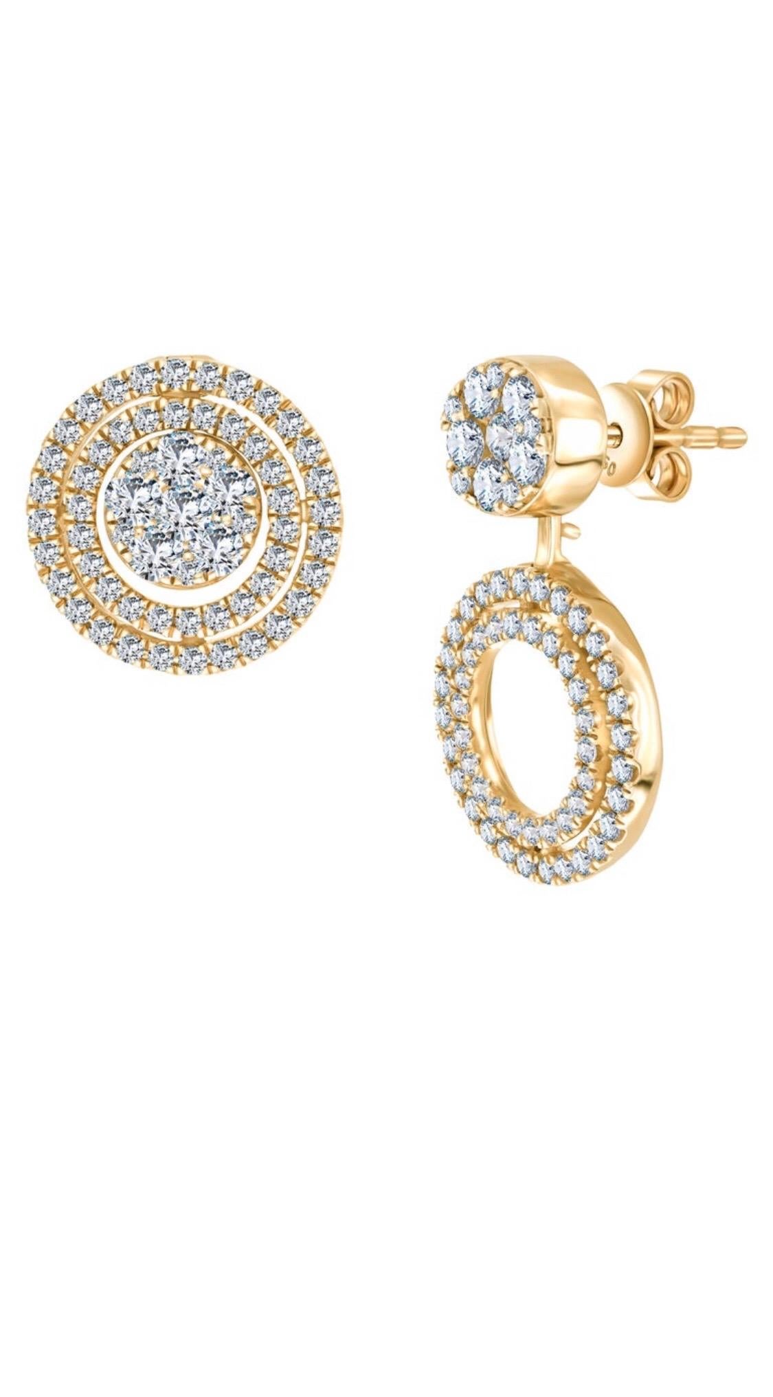 Versatile micro set 18k yellow gold earrings with 3 rows of concentric circles all intricately laced in 1.00ct round brilliant H-SI white diamonds. These earrings can be used as studs or as drop earrings, 3 looks. The weight of these earrings are