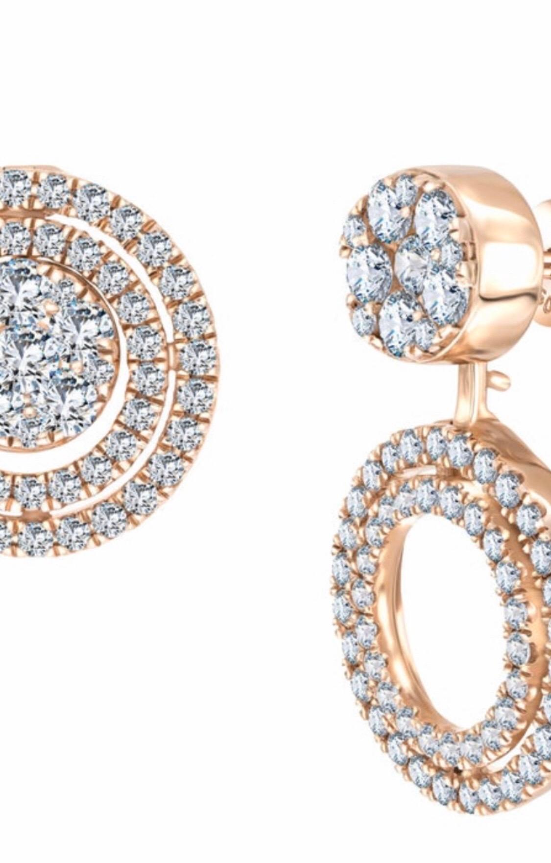 Modern Bespoke 1.00 Carat Fancy Round Brilliant Diamond Cluster Drop Rose Gold Earrings For Sale