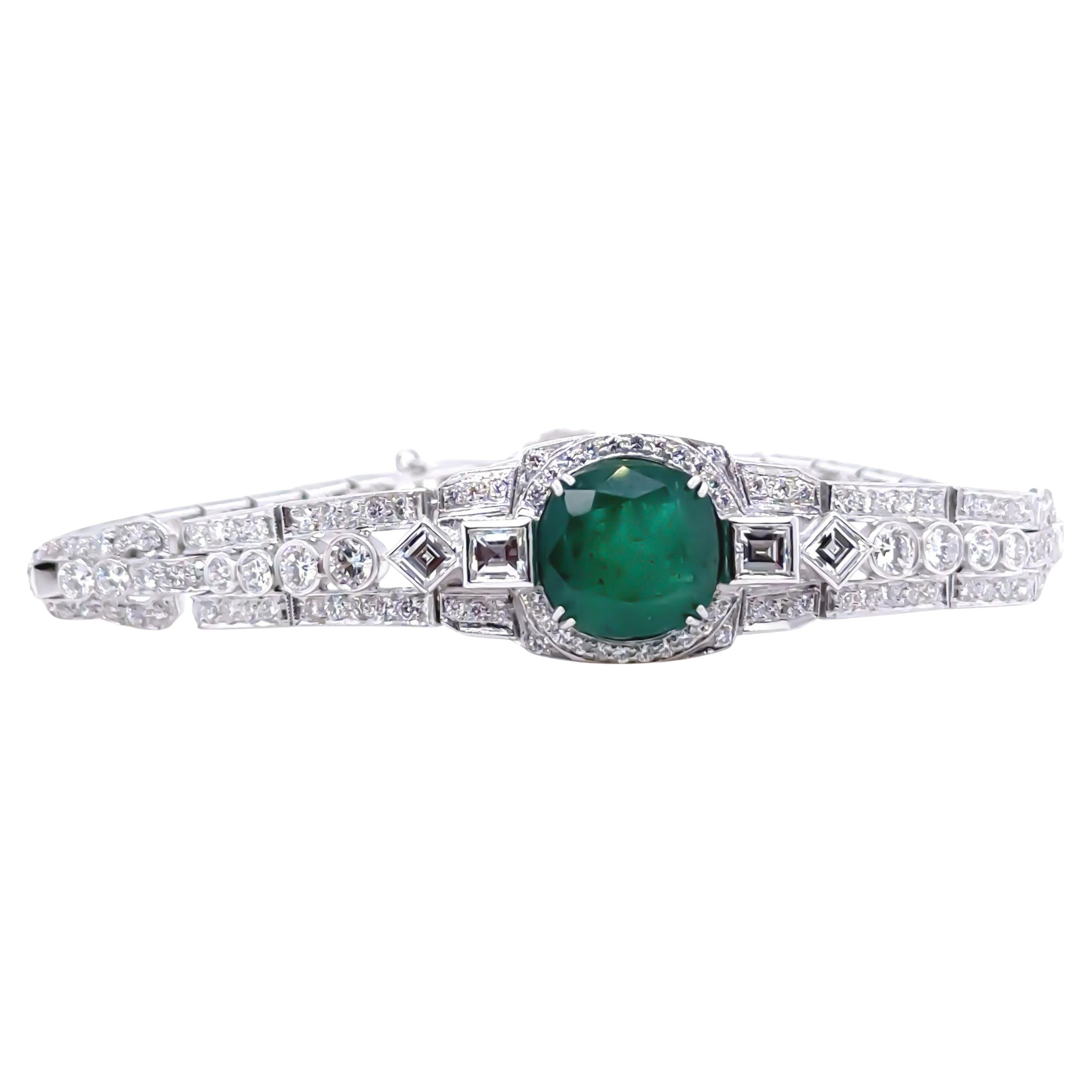 Pulsera a medida "Art-Deco" de esmeraldas y diamantes de oro blanco de 14 ct 8,19 ct