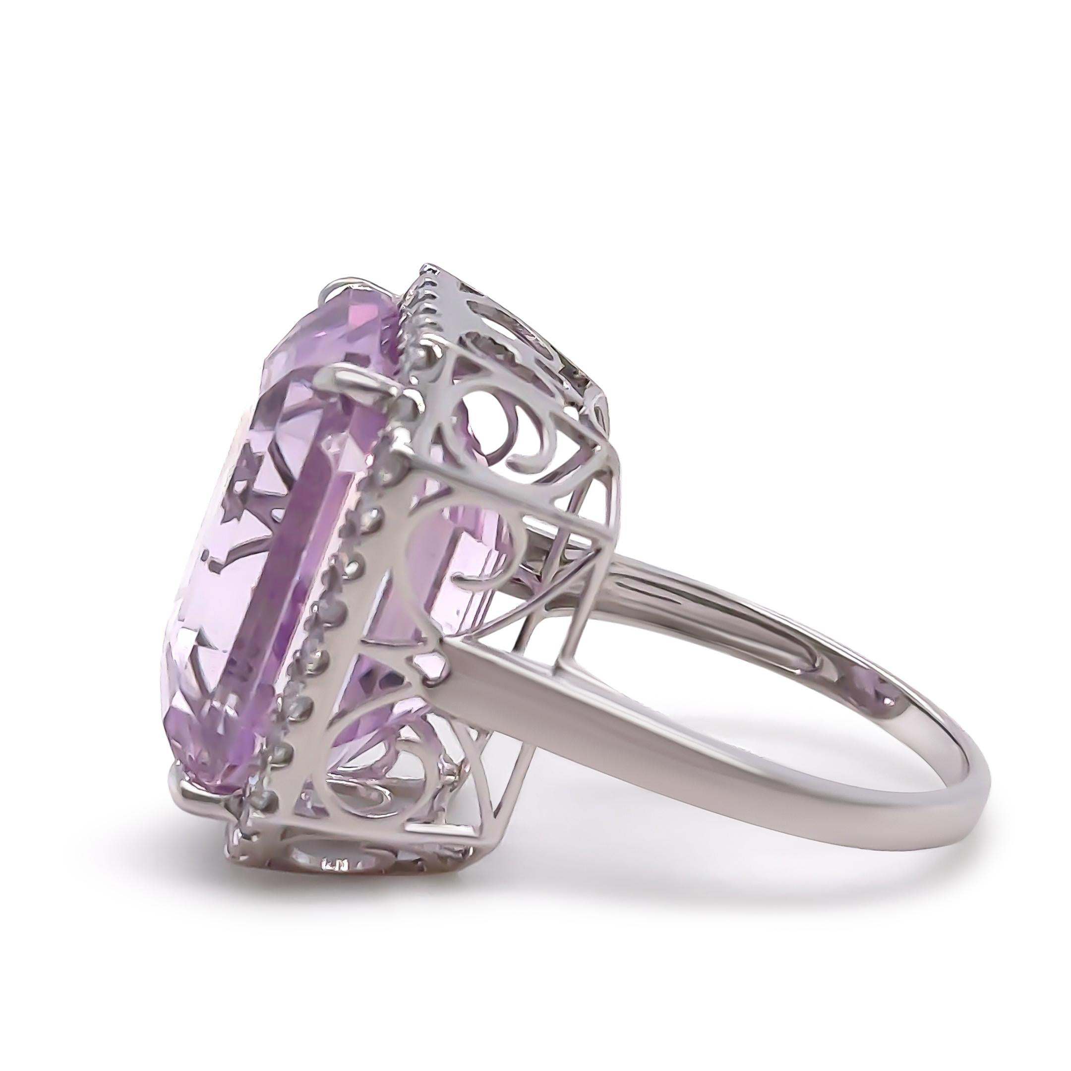 Emerald Cut Bespoke 14ct White Gold Kunzite & Diamond Cocktail Ring 26.6ct For Sale