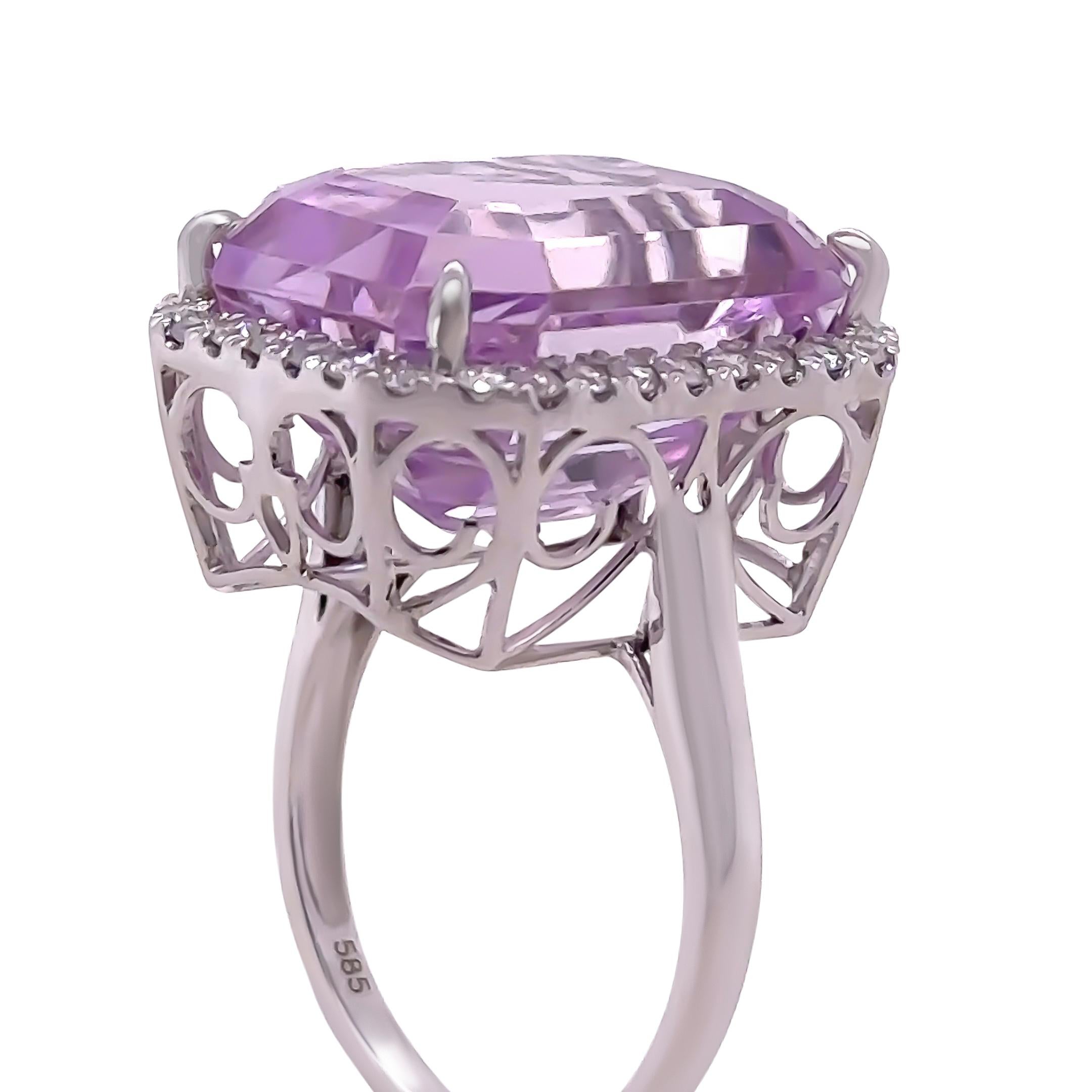 Bespoke 14ct White Gold Kunzite & Diamond Cocktail Ring 26.6ct For Sale 2