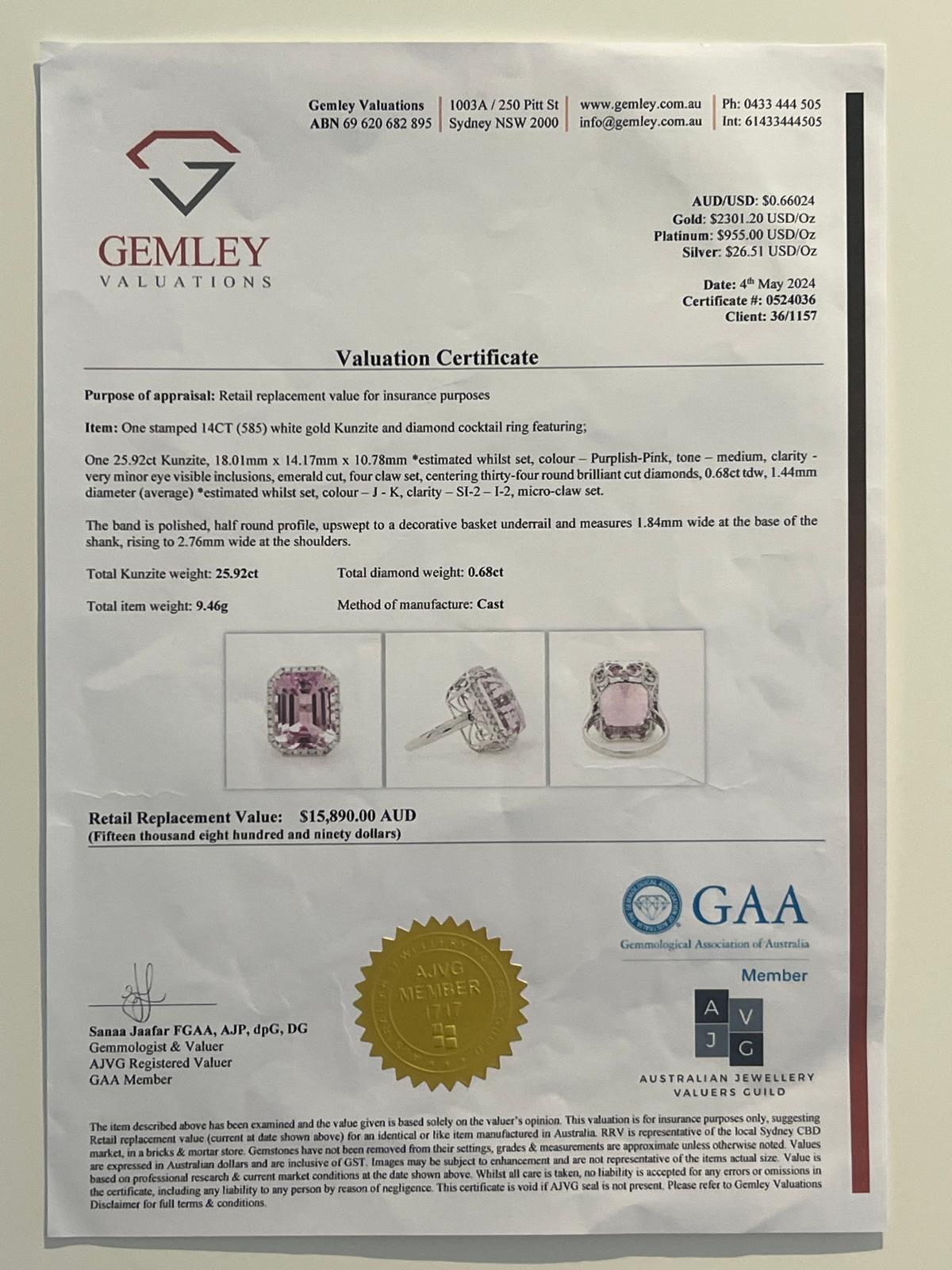 Bespoke 14ct White Gold Kunzite & Diamond Cocktail Ring 26.6ct For Sale 3