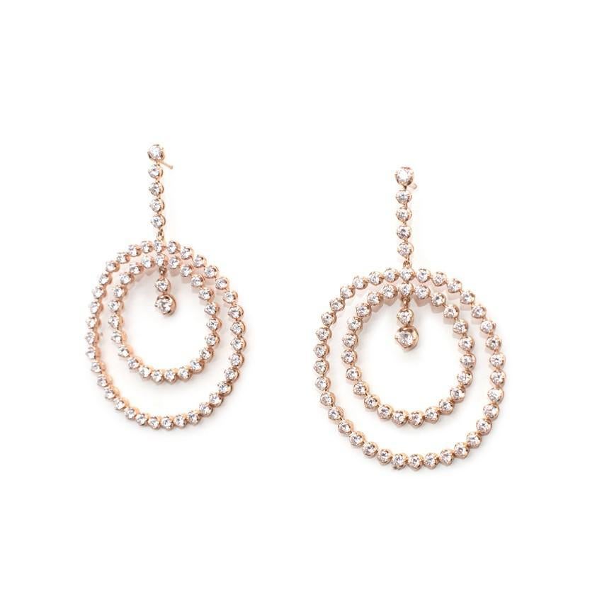 Bespoke 18ct Rose Gold & Diamond Double Circle Drop Earrings

- Warm rose gold double circle design, populated with white diamonds
- Main feature hangs from an articulated diamond drop
- Lightweight but impactful design
- Stud earring post for