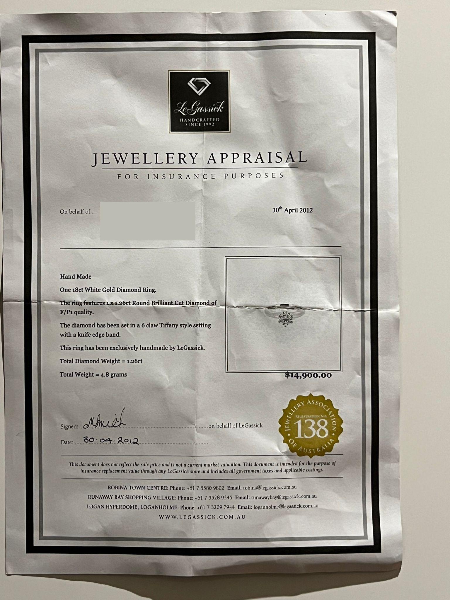 Bespoke 18ct White Gold Diamond Engagement Ring 1.26ct 1