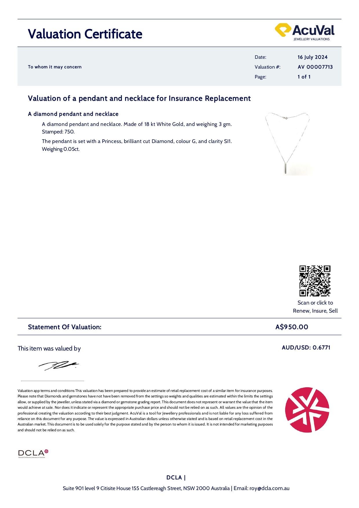 Bespoke 18ct White Gold Diamond Pendant & Necklace 0.05ct In Excellent Condition For Sale In SYDNEY, NSW