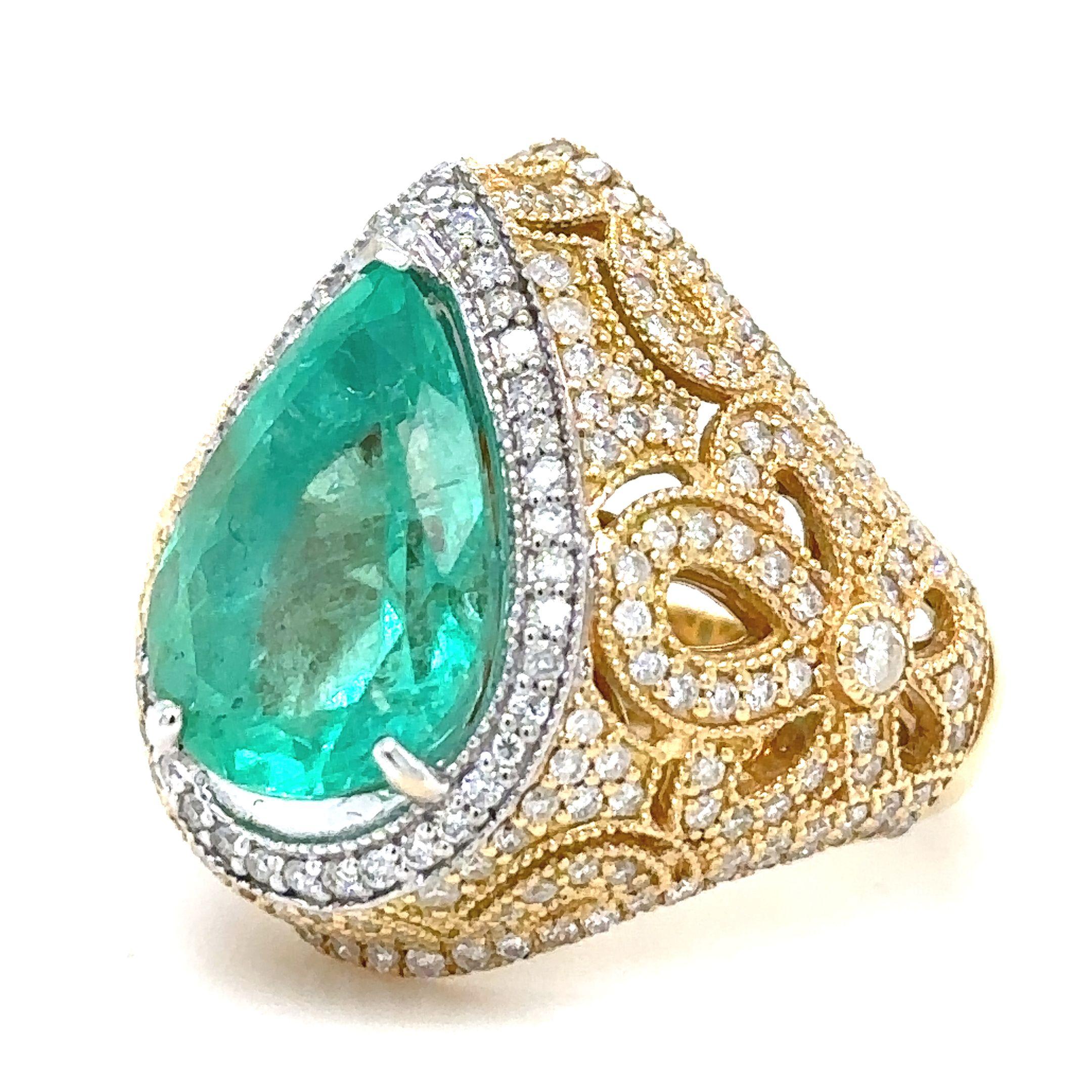 Pear Cut Bespoke 18ct White & Yellow Gold Emerald & Diamond Dress Ring 6.68ct For Sale