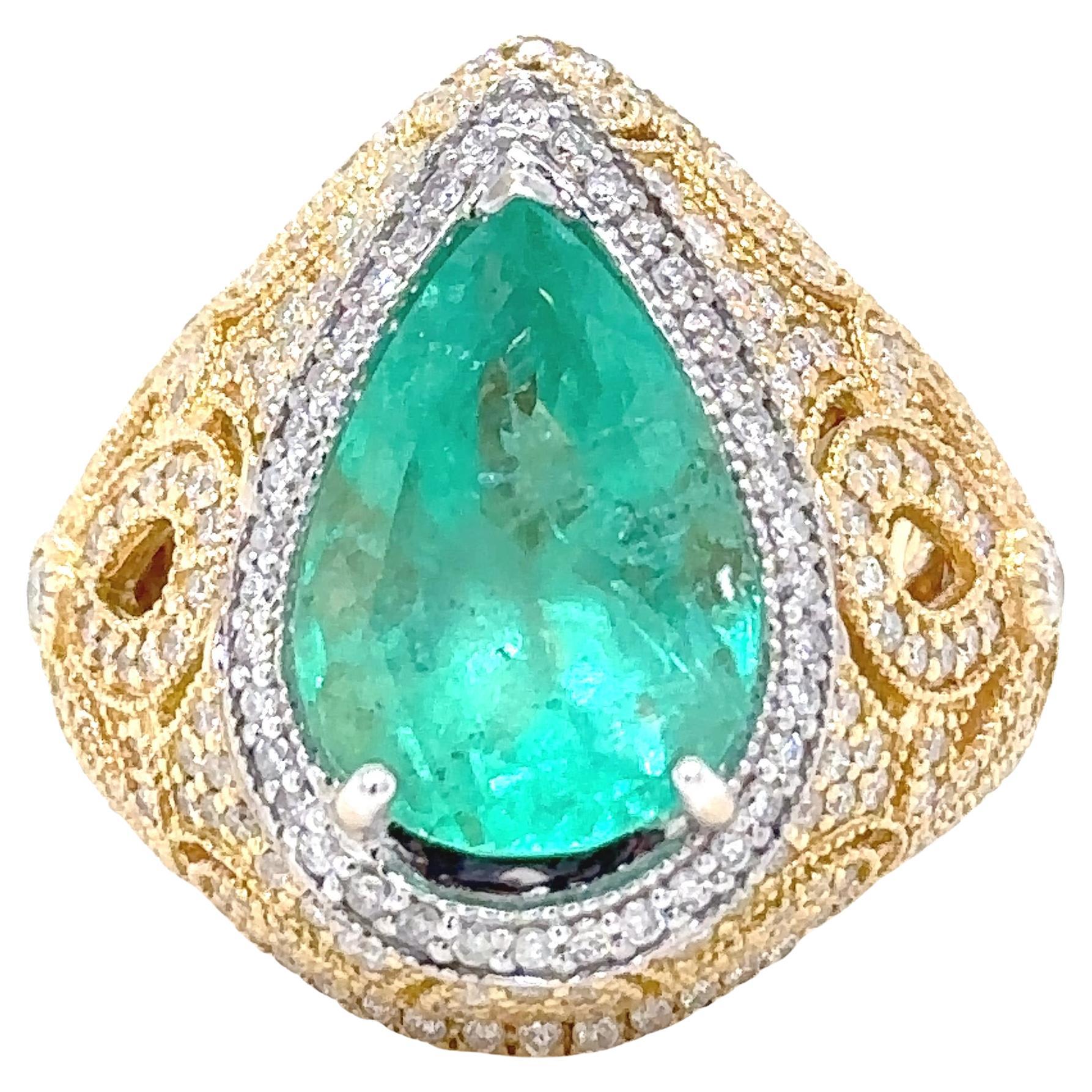 Bespoke 18ct White & Yellow Gold Emerald & Diamond Dress Ring 6.68ct