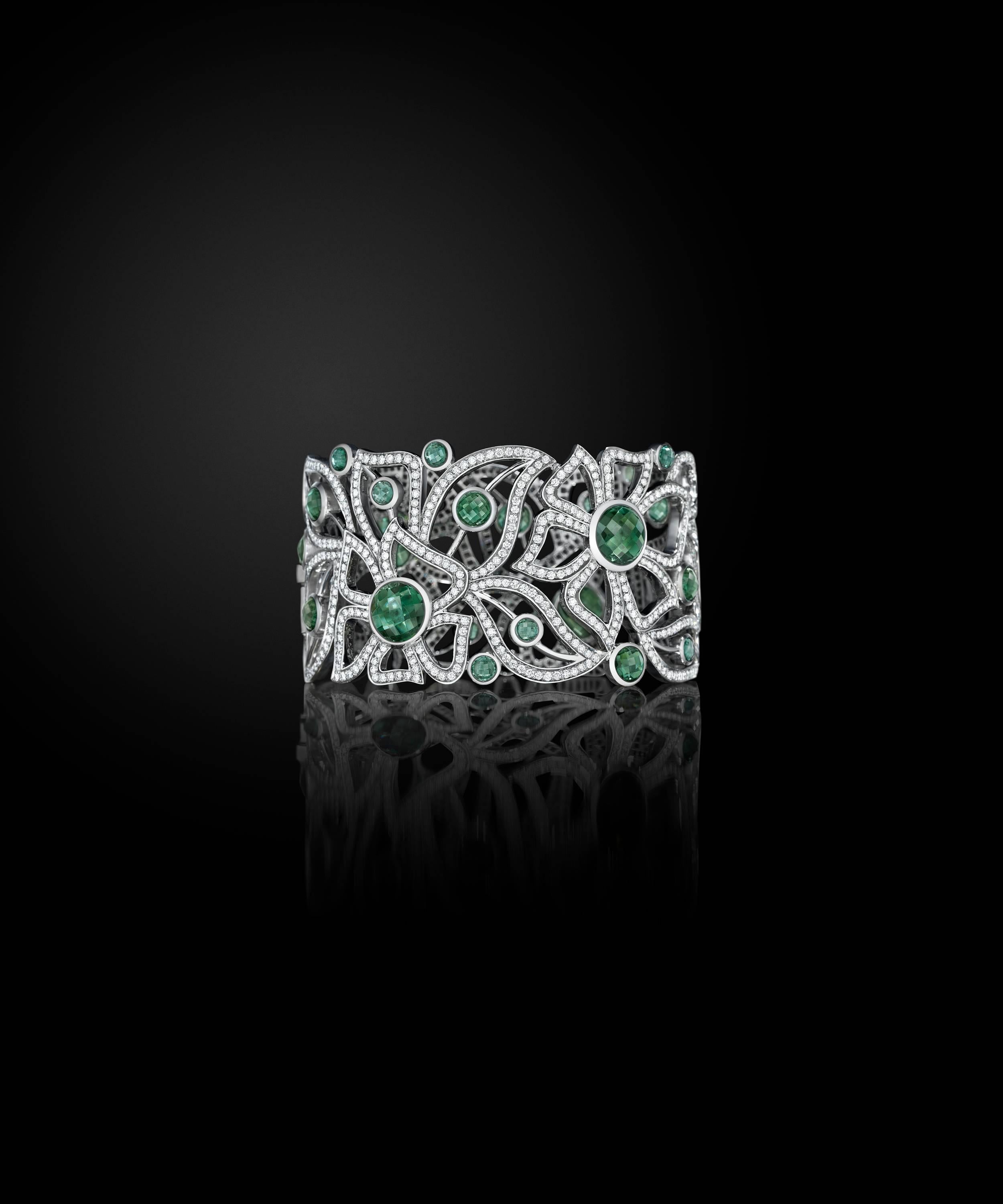 Contemporary Bespoke 18K WG 17.01 Ct Tourmaline, 8.75 Ct Diamond Carelle Floral Cuff Bracelet For Sale